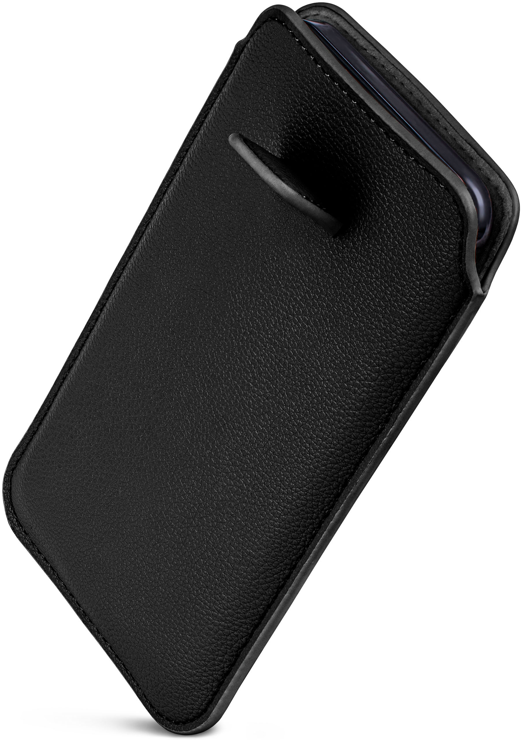 Schwarze Leder-Handyhülle, Telefon teilweise sichtbar. Hülle hat eine Schlaufe.