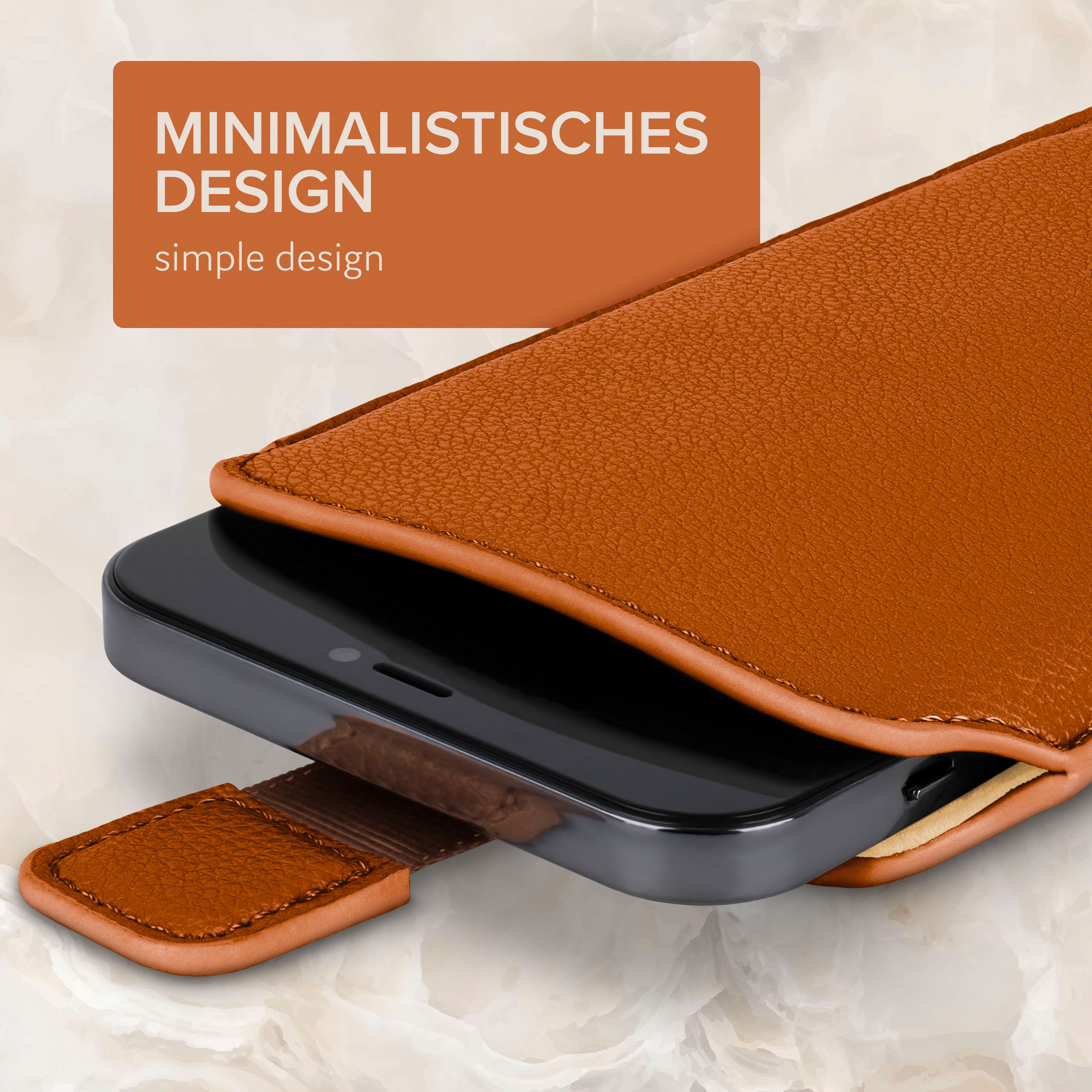 Telefon in oranger Hülle. Text: Minimalistisches Design, Einfaches Design. Hintergrund: Marmor.