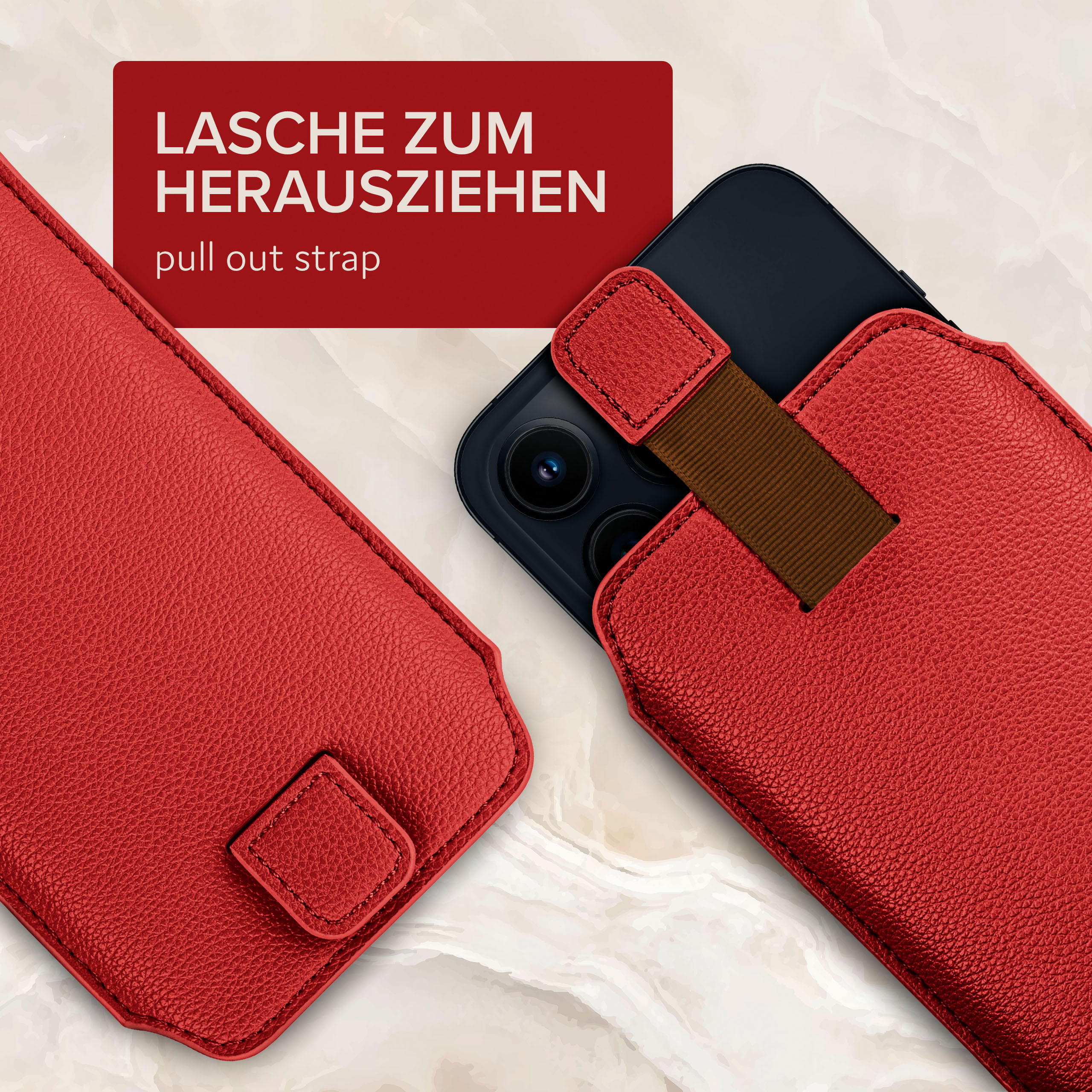 Rote Leder-Handyhülle mit Ausziehschlaufe. Ein schwarzes Telefon befindet sich in der Hülle.