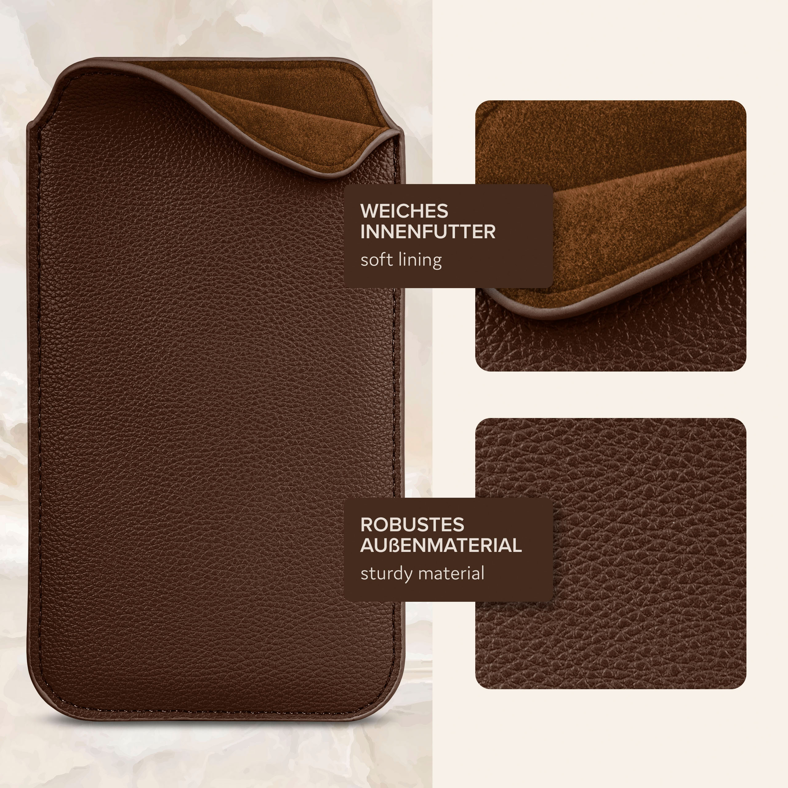 Braune Leder-Handyhülle. Weiches braunes Innenfutter. Details zum robusten Material. Nahaufnahmen.