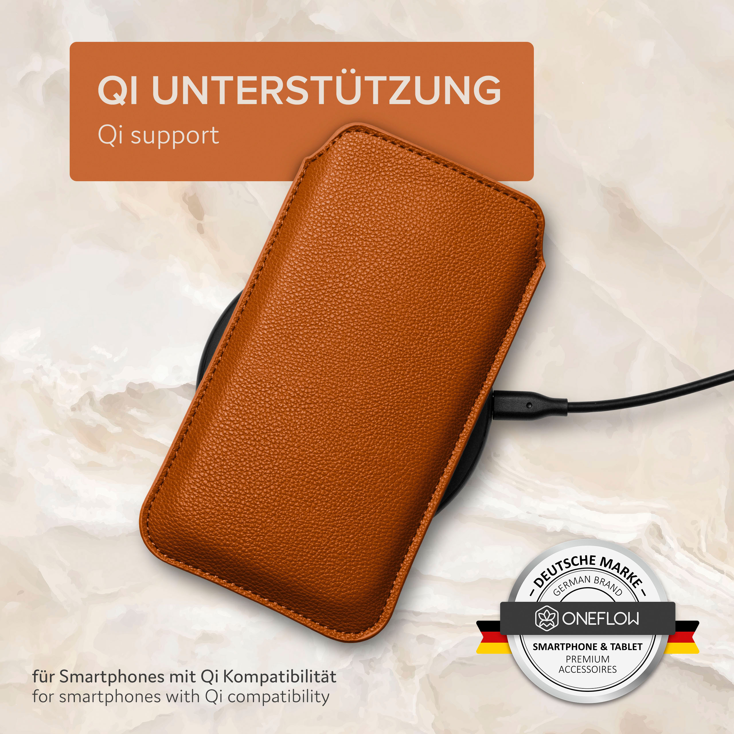 Ein Telefon in einer braunen Lederhülle auf einem kabellosen Ladepad. Text: 'Qi support' und 'OneFlow'.