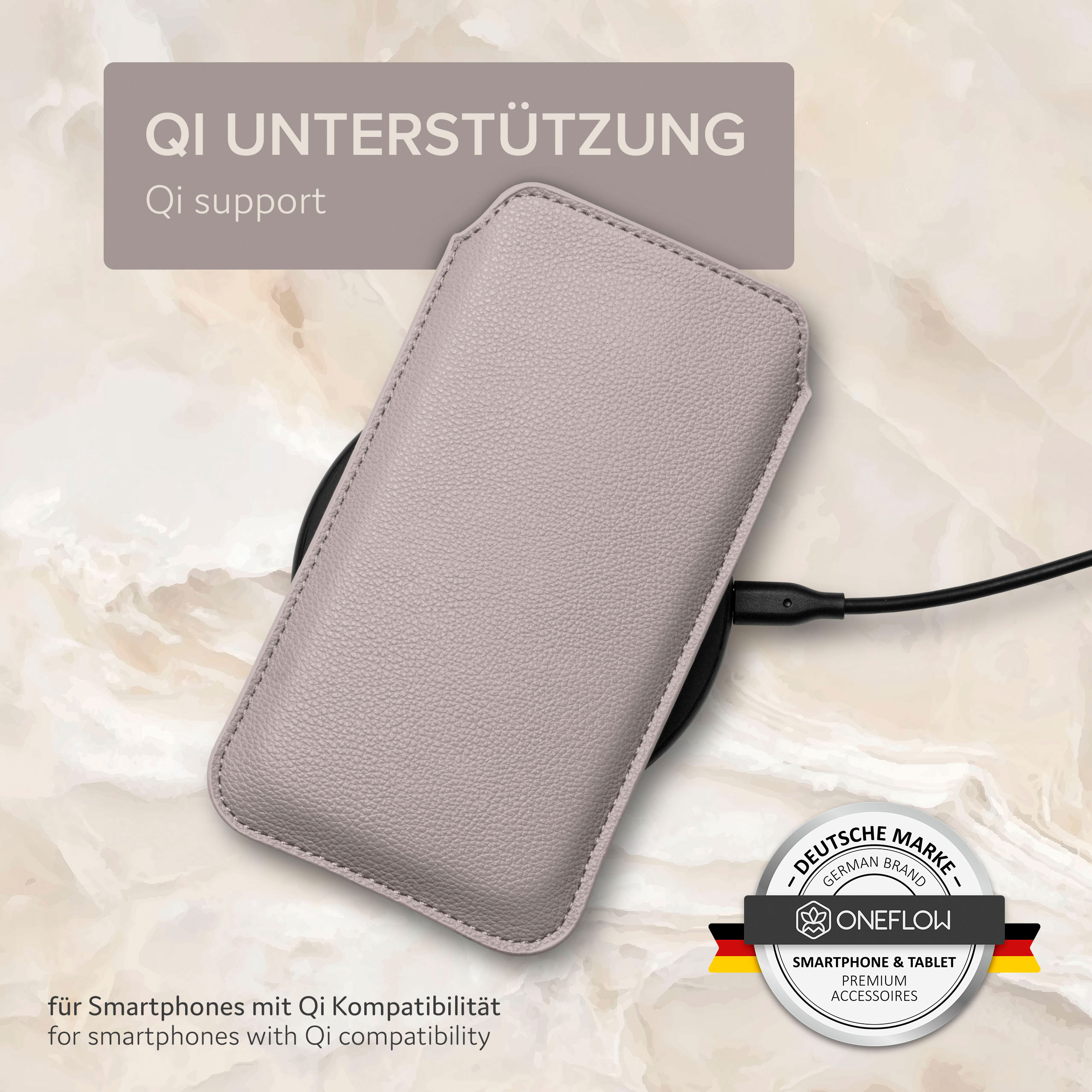 Graues Handy-Etui auf kabellosem Ladegerät. Text: Qi-Unterstützung und deutsche Marke.