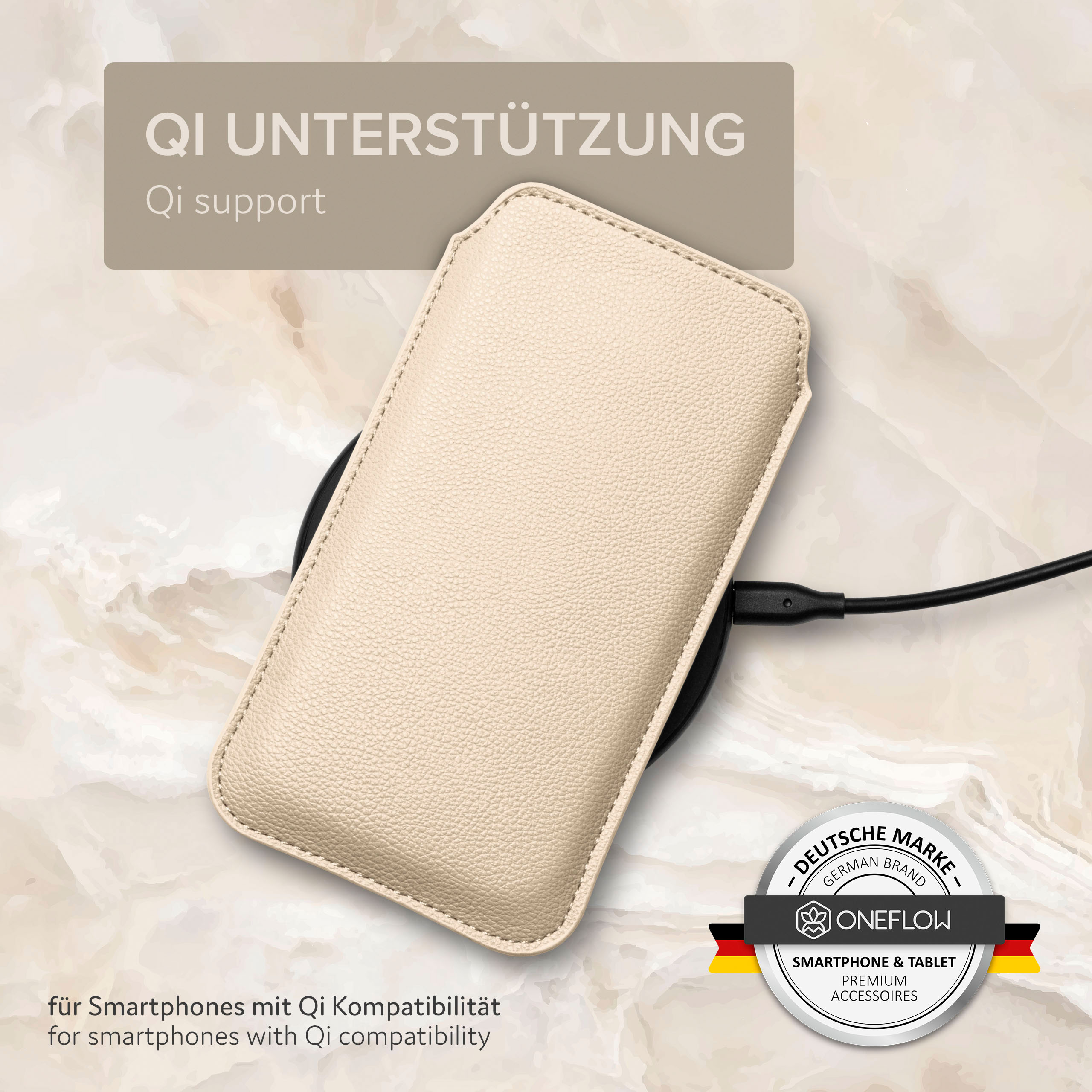 Ein cremefarbenes Handycase lädt kabellos. Das Case hat Qi-Unterstützung.