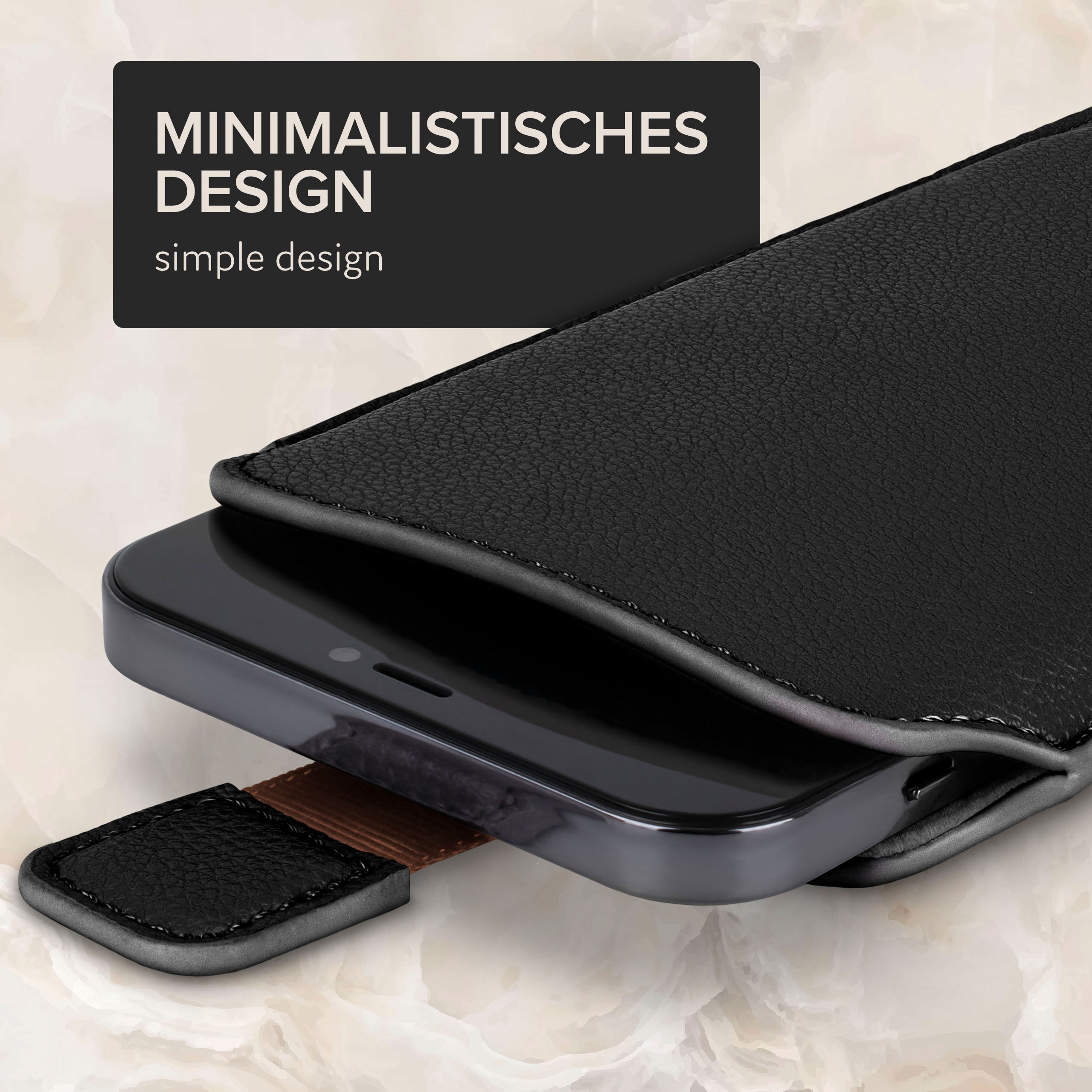 Schwarze Handyhülle mit Telefon darin. Text: Minimalistisches Design. Hintergrund: marmorartiges Muster.