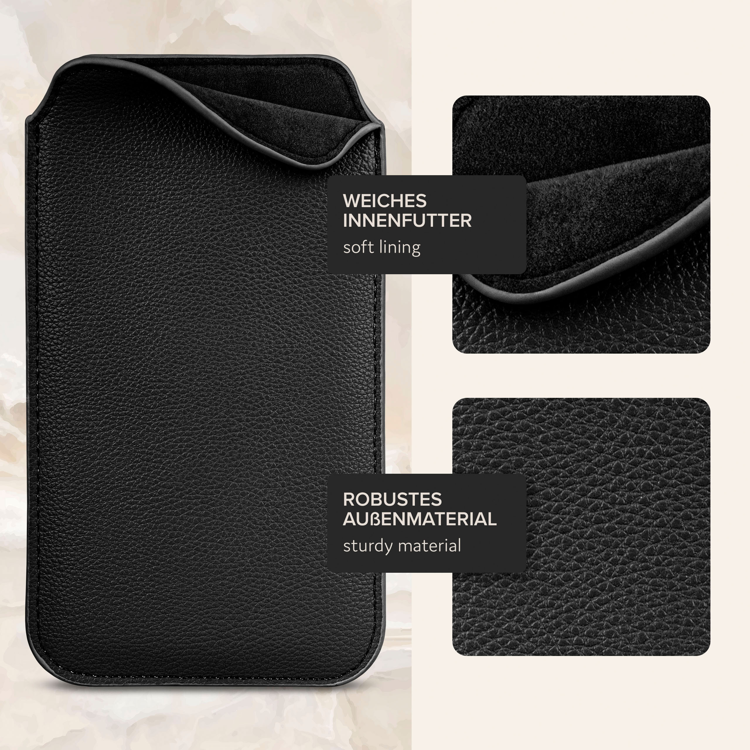 Schwarze Leder-Handyhülle mit weichem Futter. Nahaufnahmen zeigen Textur und Materialdetails.