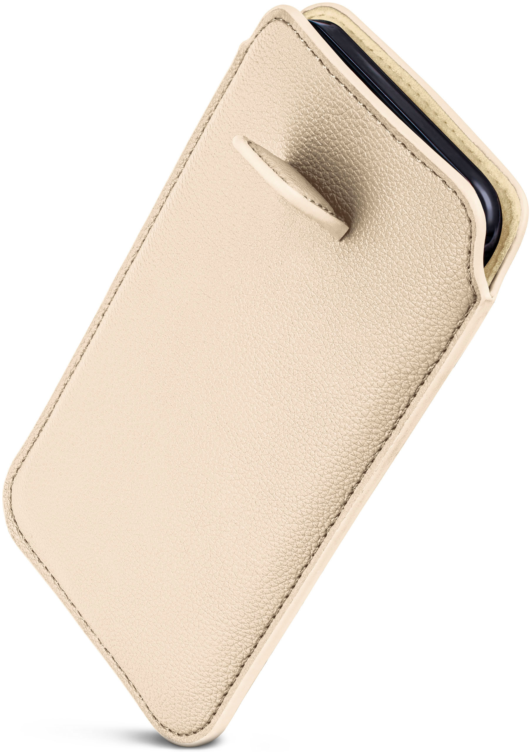 Beige Leder-Handyhülle mit Schlaufe. Telefon innen. Winkelansicht.