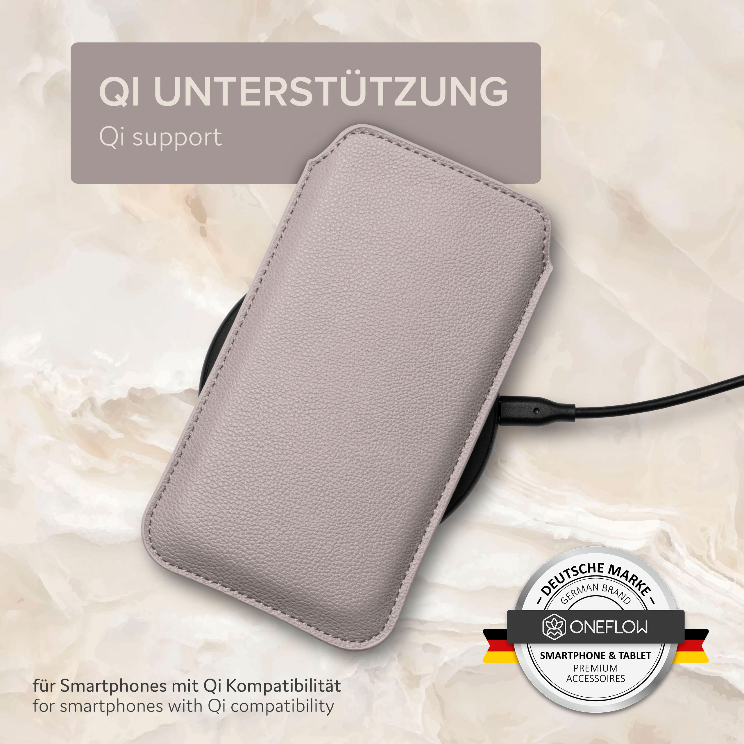 Eine Handyhülle auf einem kabellosen Ladegerät, mit Text: 'Qi support'. Markenname und Logo sind sichtbar.