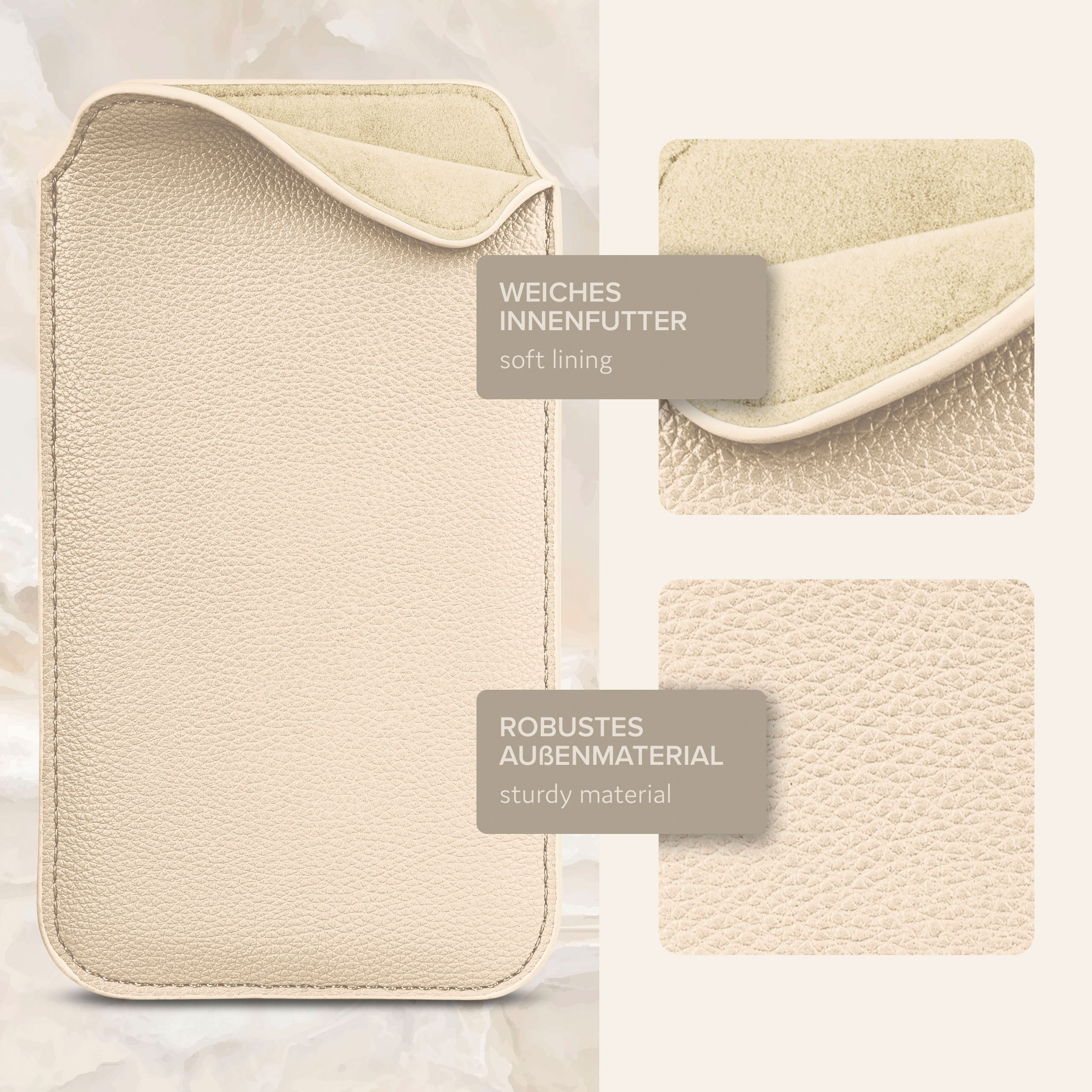 Beige Handyhülle mit weichem Innenfutter. Textdetails der Hülle. Beiger Hintergrund.