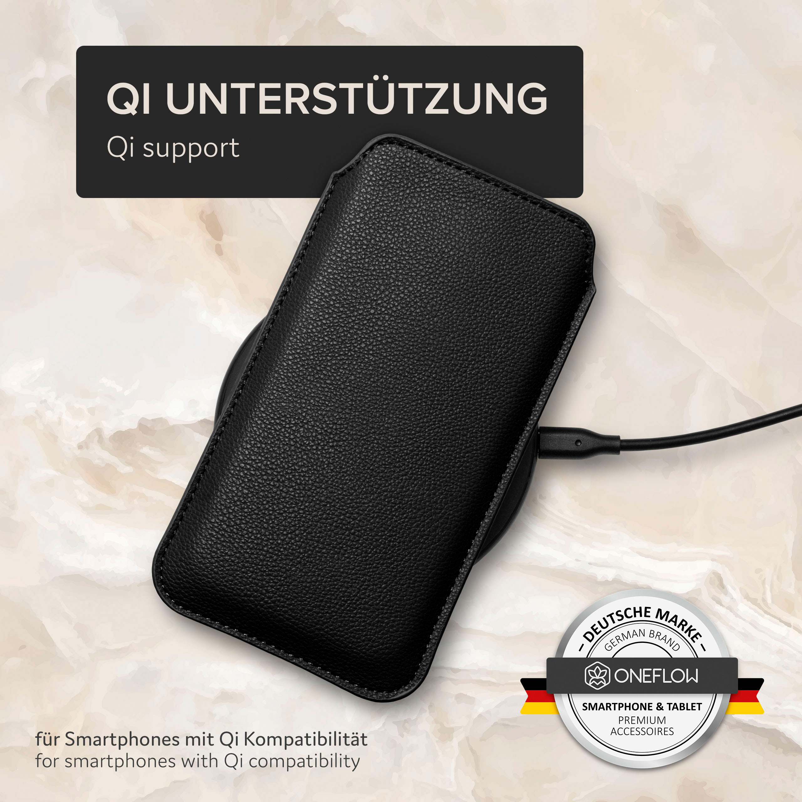Schwarze Handyhülle auf einem kabellosen Ladegerät. Text: 'Qi-Unterstützung' und 'Für Smartphones mit Qi-Kompatibilität'.