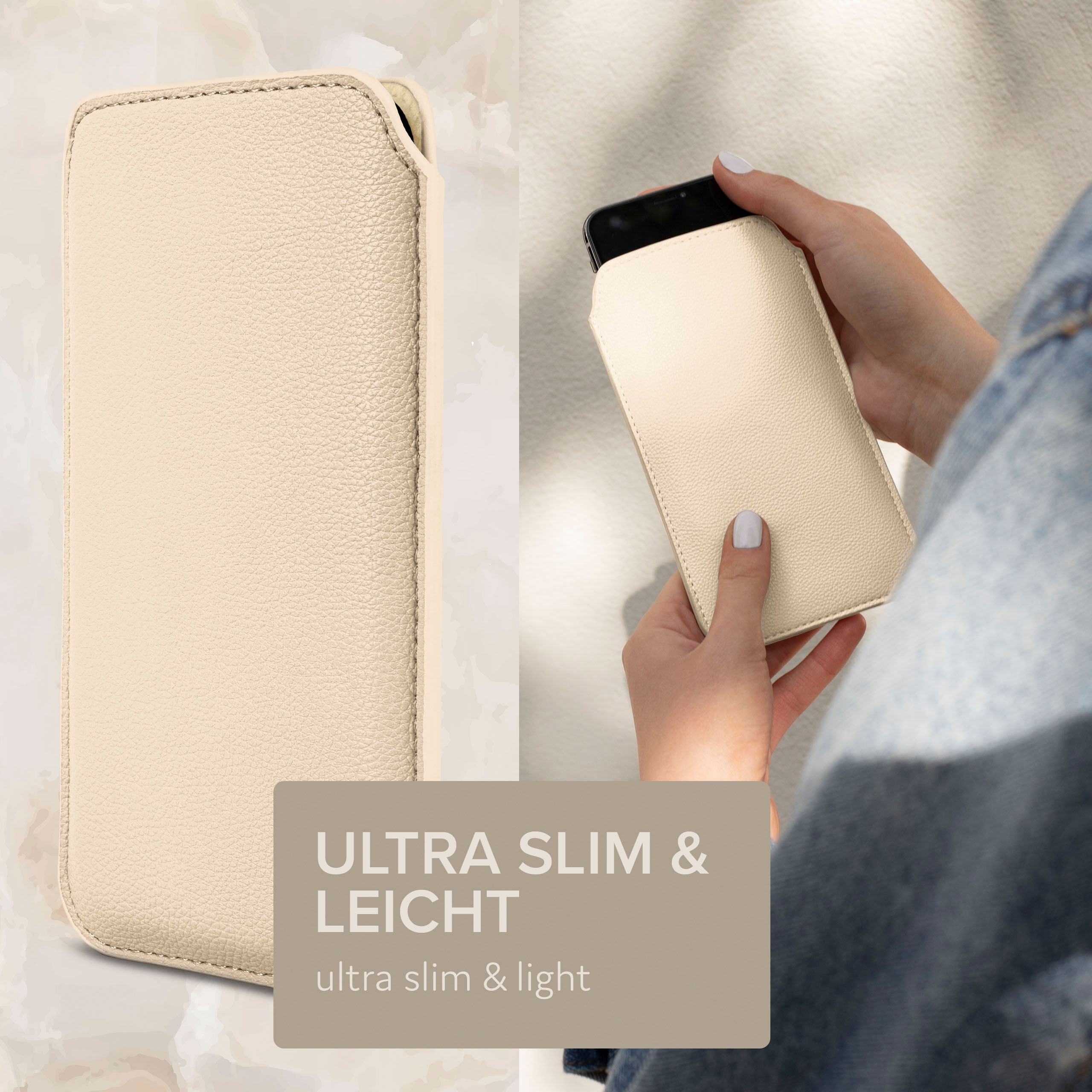 Eine Frau hält eine beige Leder-Handyhülle. Text sagt: 'Ultra Slim & Light'.