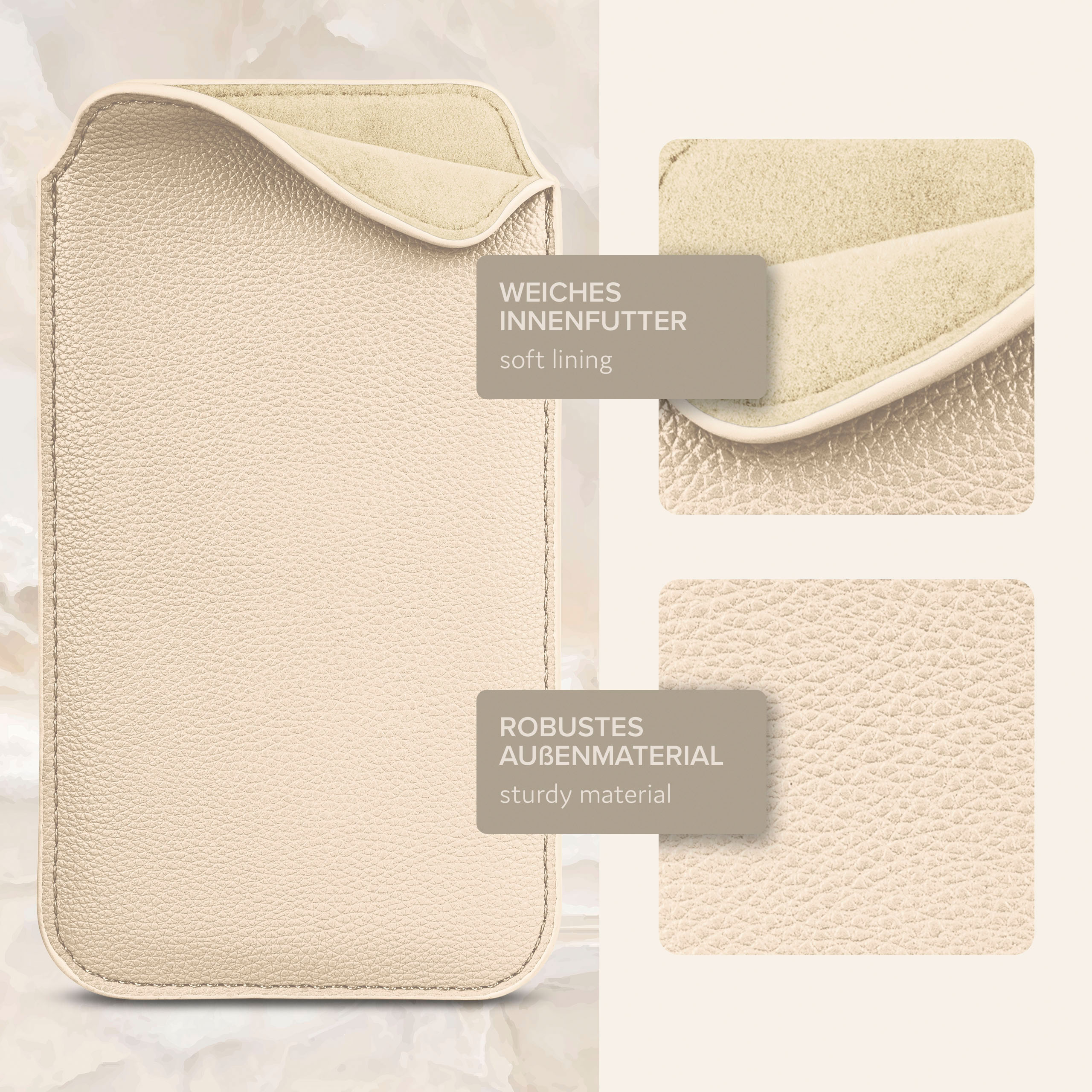 Cremefarbene Handyhülle mit weichem cremefarbenem Futter. Details des Materials werden gezeigt. "Weiches Innenfutter" & "Robustes Außenmaterial".