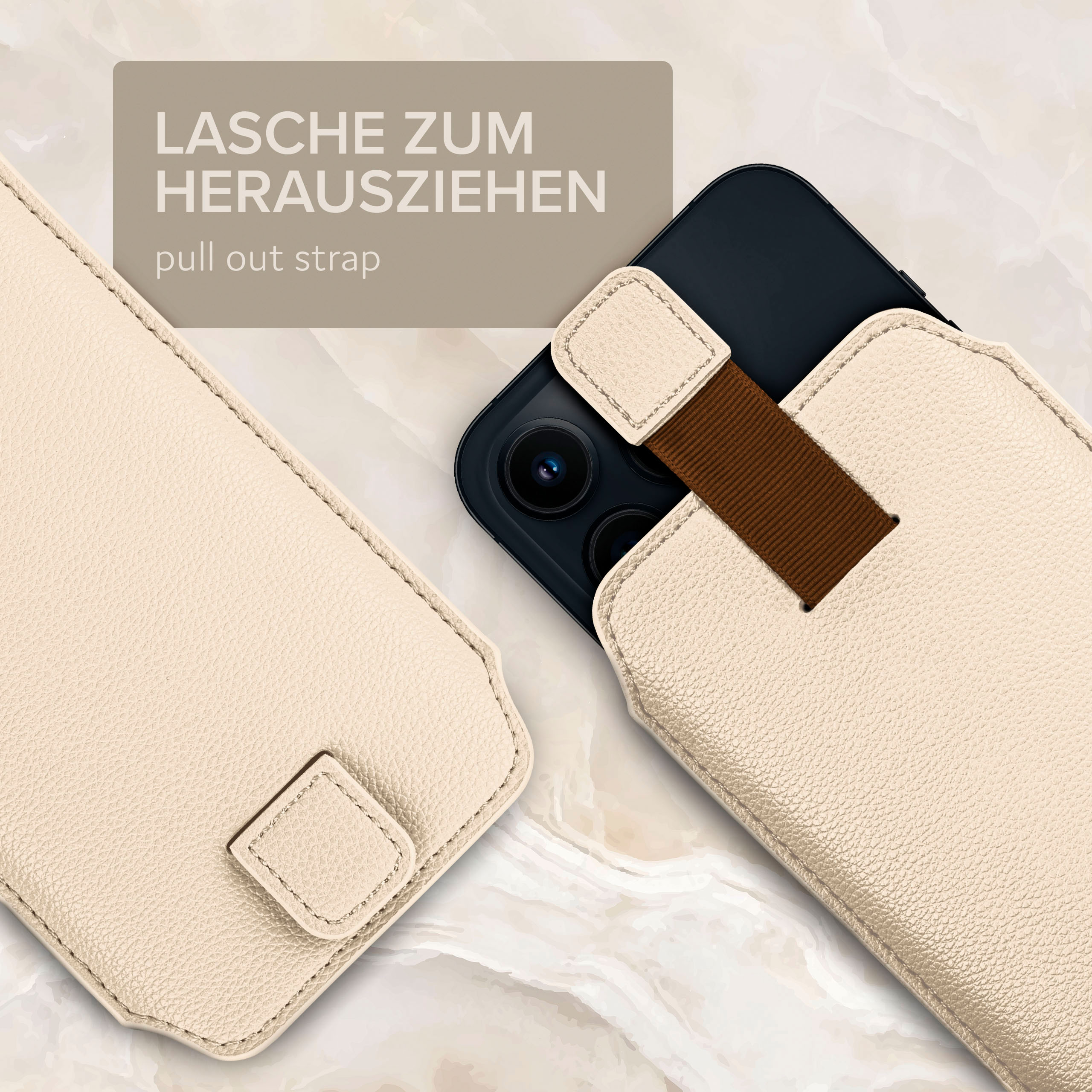Ein Telefon in einem hellbeigen Gehäuse mit einem Ausziehriemen. Der Text lautet: Gurt herausziehen.