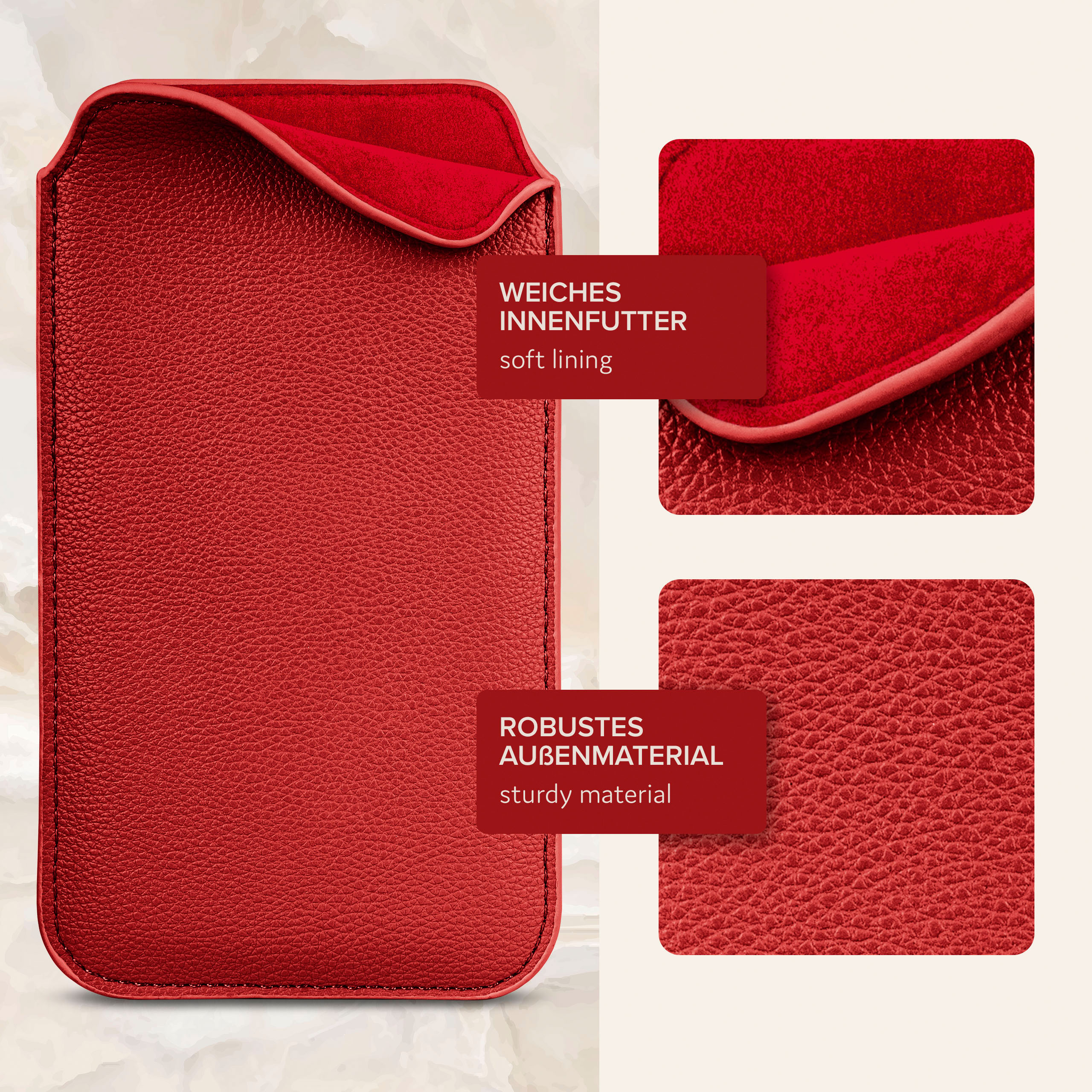 Nahaufnahme einer roten Handyhülle mit weichem Futter und robusten Materialdetails.