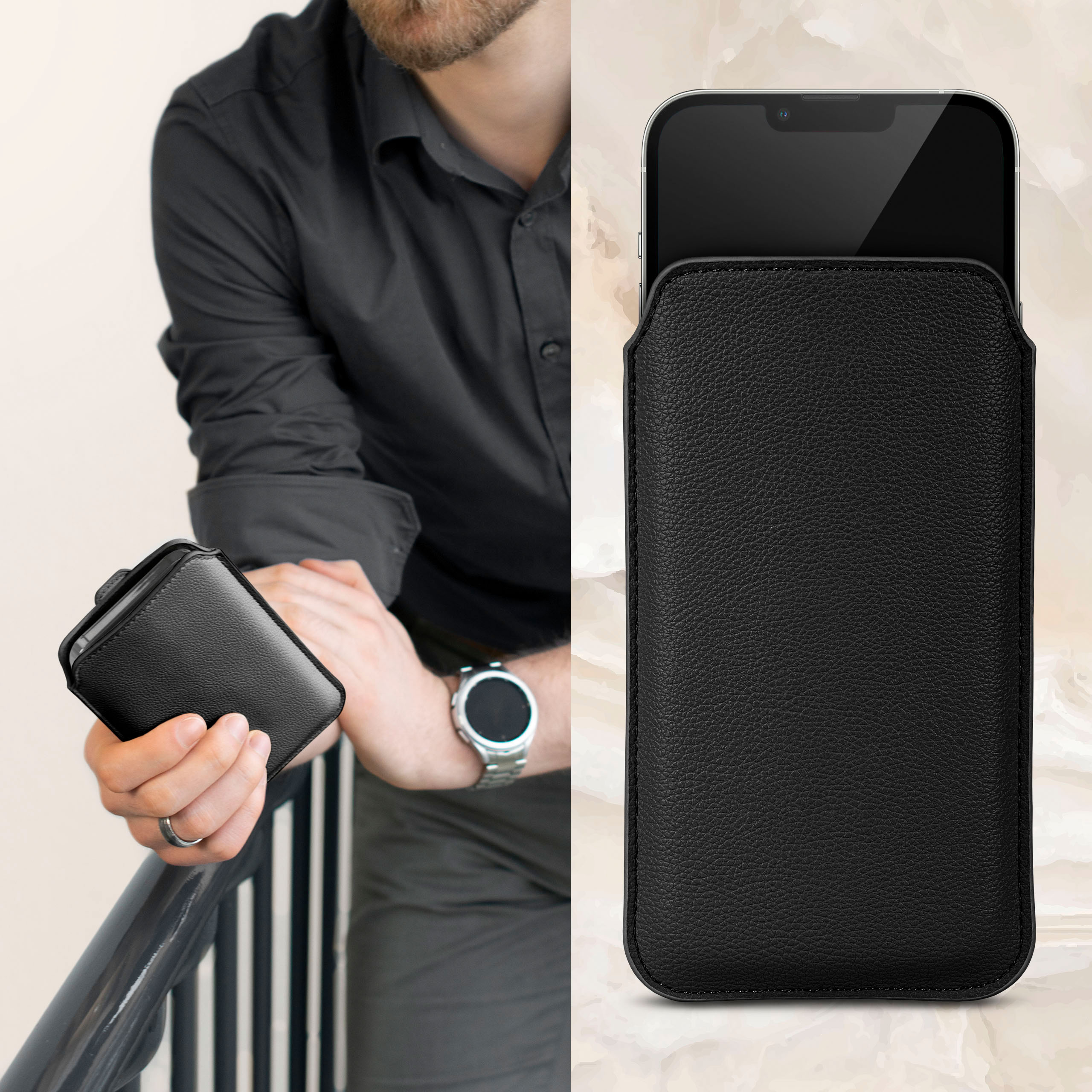 Mann, der eine schwarze Handyhülle mit einem Telefon hält. Eine andere Handyhülle rechts.