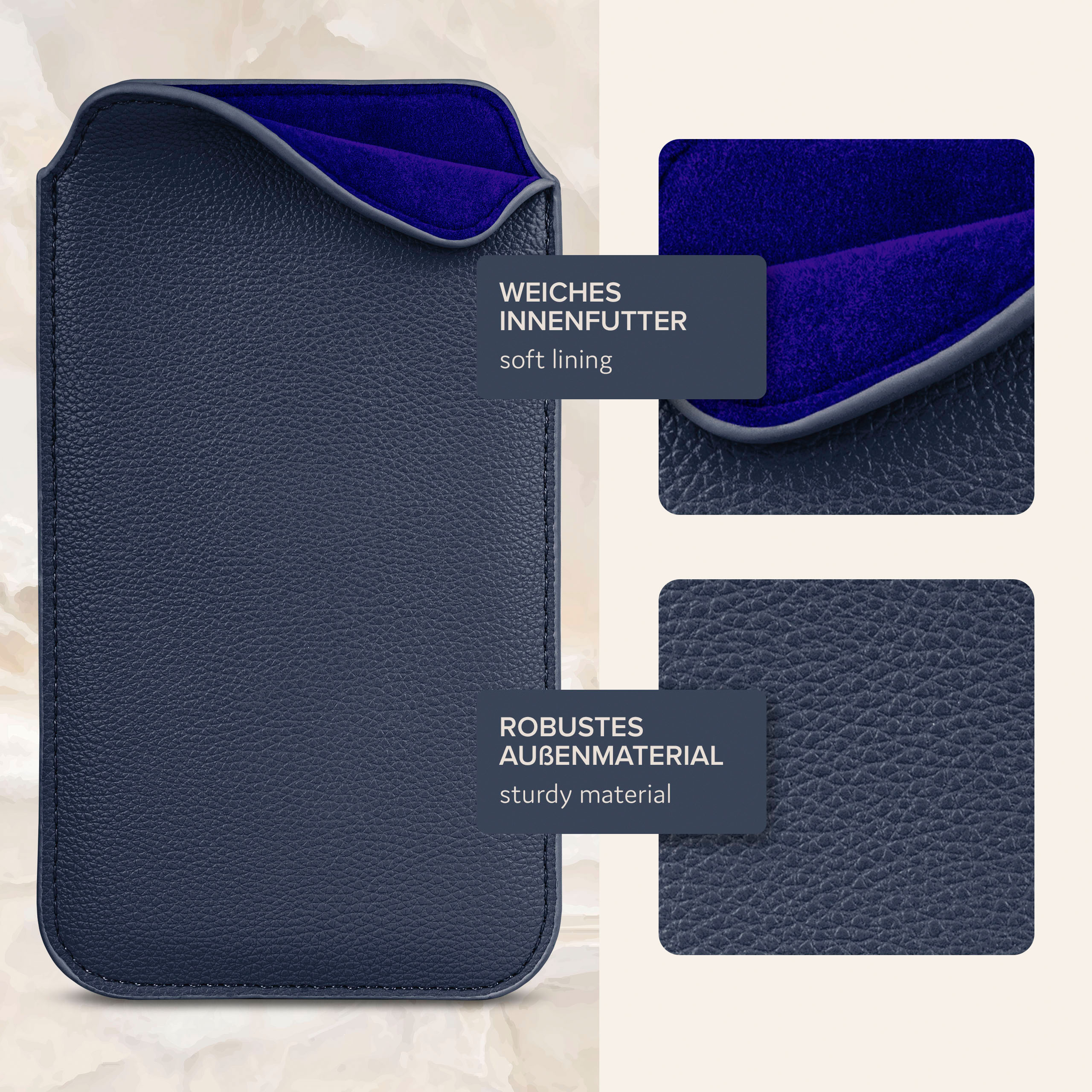 Dunkelblaue Leder-Handyhülle mit weichem Innenfutter und robustem Außenmaterial. Details werden gezeigt.
