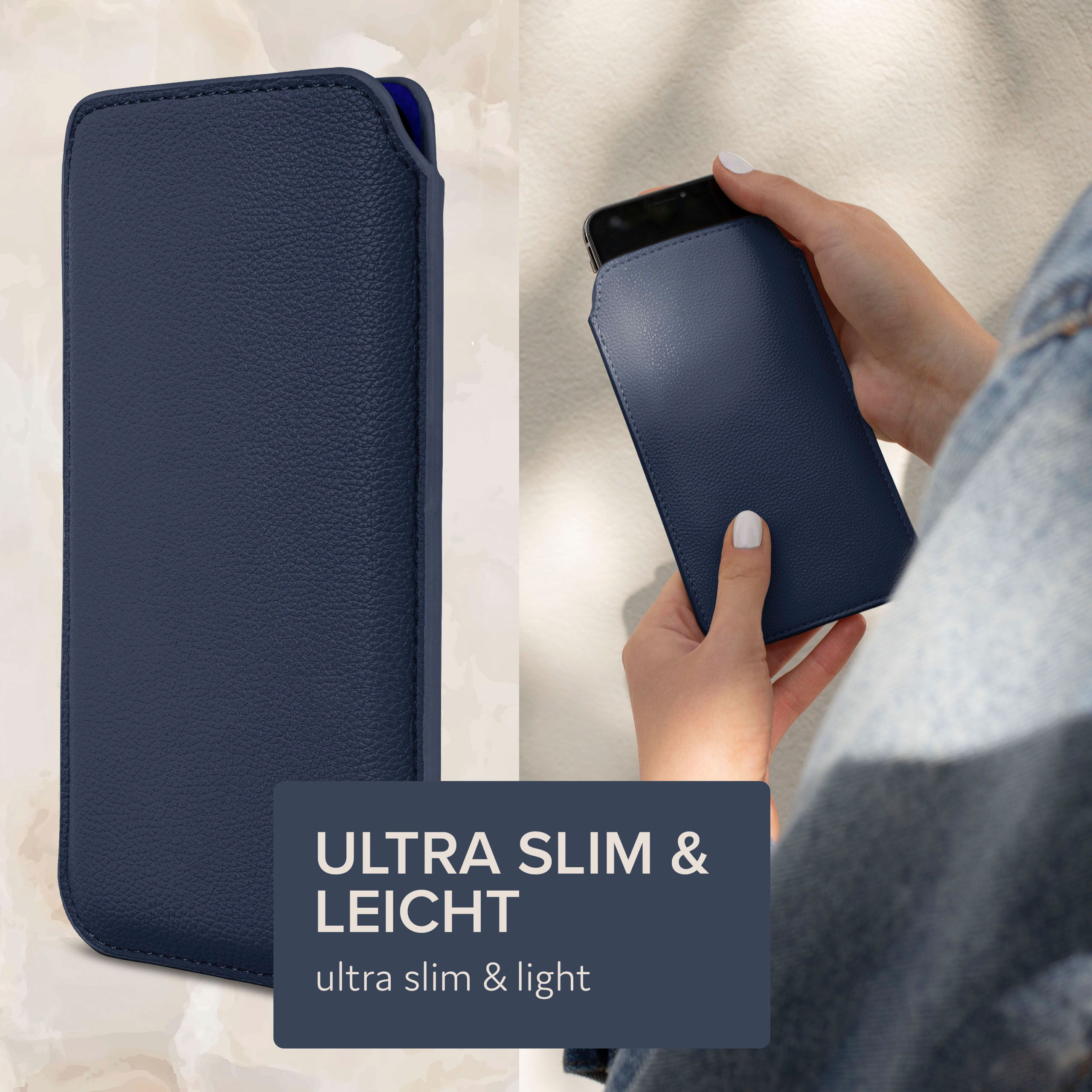 Person hält blaues Telefon in blauem Etui. Ein anderes Etui steht aufrecht. Text: Ultra schlank & leicht.