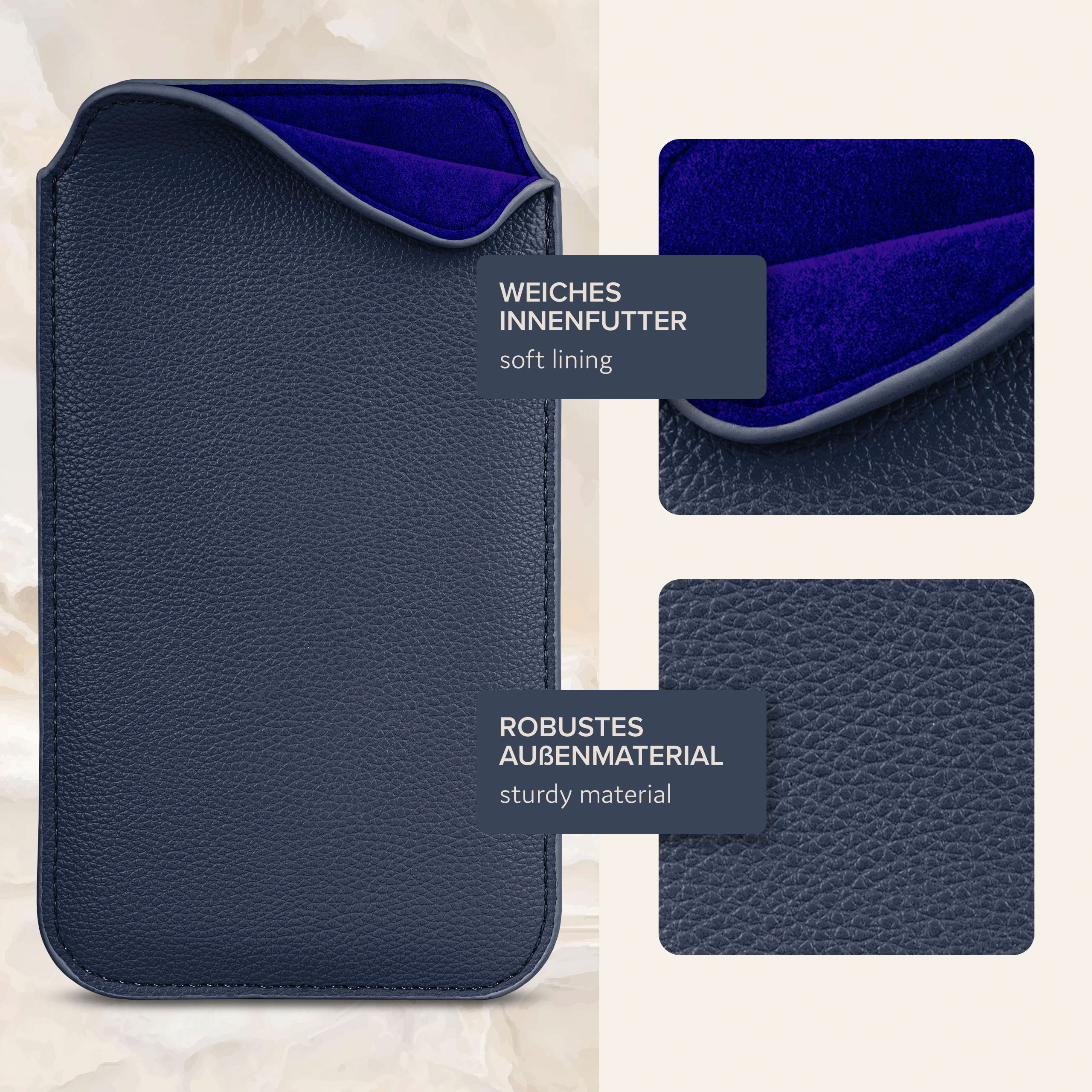 Marineblaue Leder-Handyhülle mit blauem Innenraum. Nahaufnahmen zeigen Texturen.