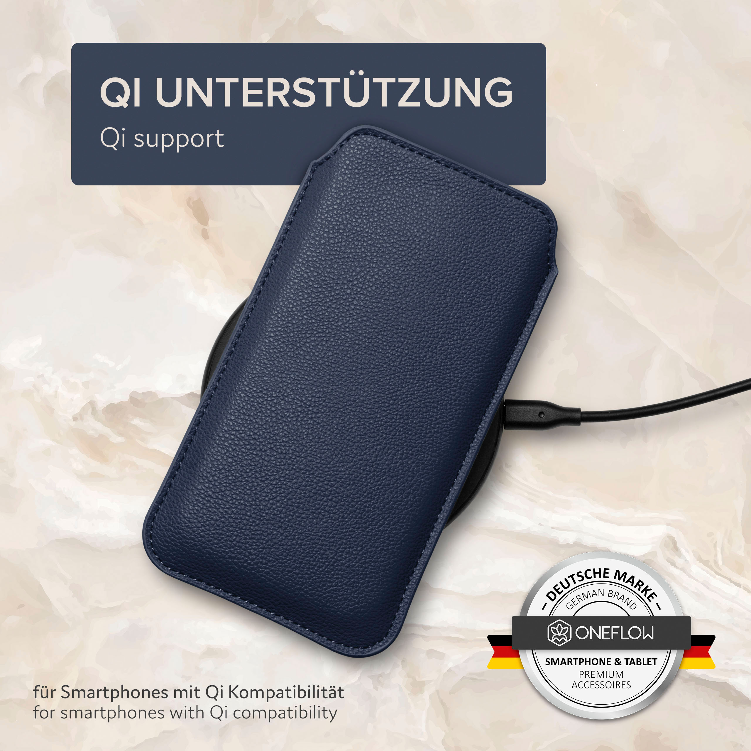 Blaue Handyhülle auf kabellosem Ladegerät. Der Text lautet: Qi-Unterstützung. Oneflow-Logo ist sichtbar.