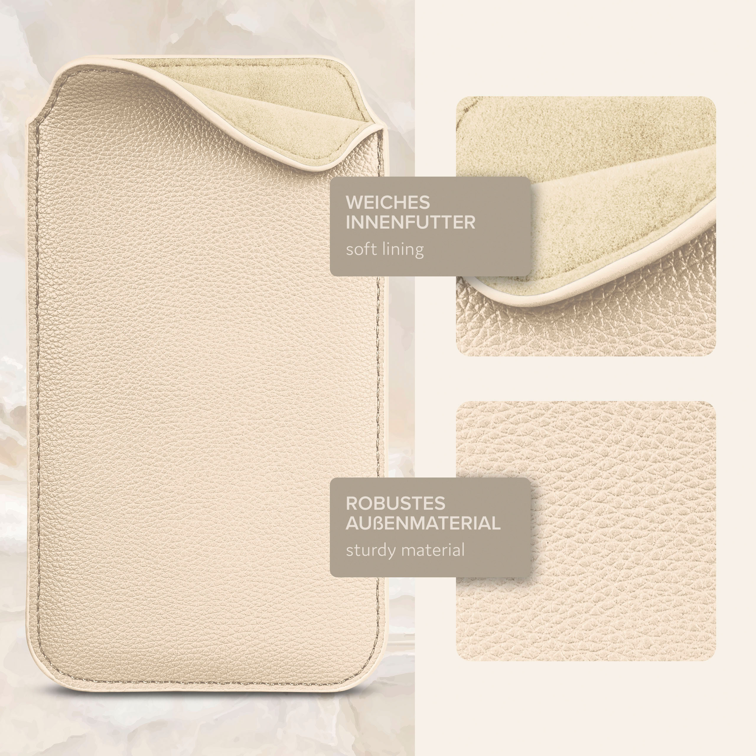 Eine beige Handyhülle mit weichem Futter und robustem Material. Text lautet: weiches Futter und robustes Material.