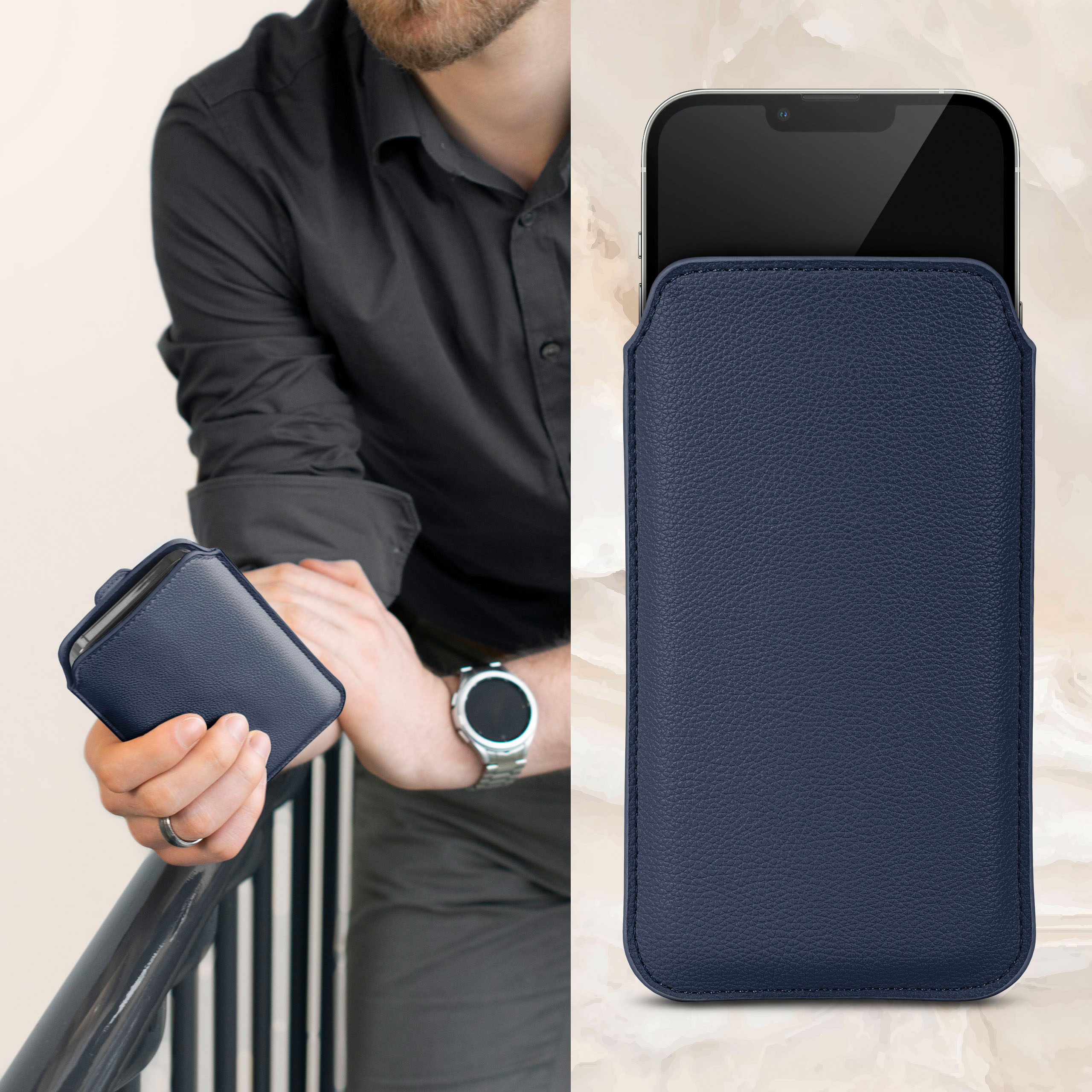 Mann hält marineblaue Handyhülle mit Telefon, Uhr am Handgelenk.