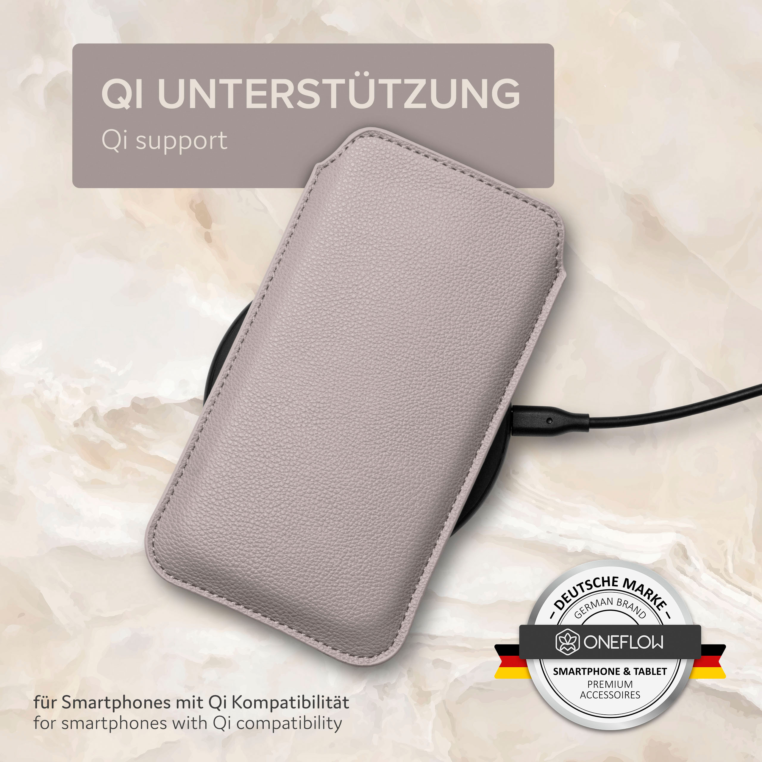 Hellgraue Handyhülle, die kabellos geladen wird. Text: Qi Unterstützung, Qi support.