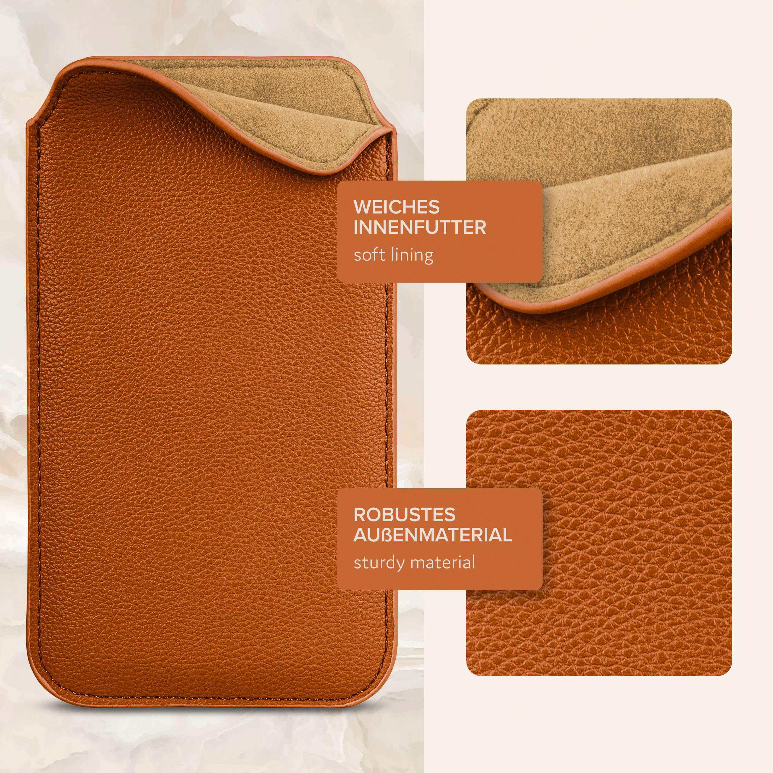 Orangefarbene Handyhülle mit weichem Futter und robustem Material. Texte: Weiches Futter, robustes Material.