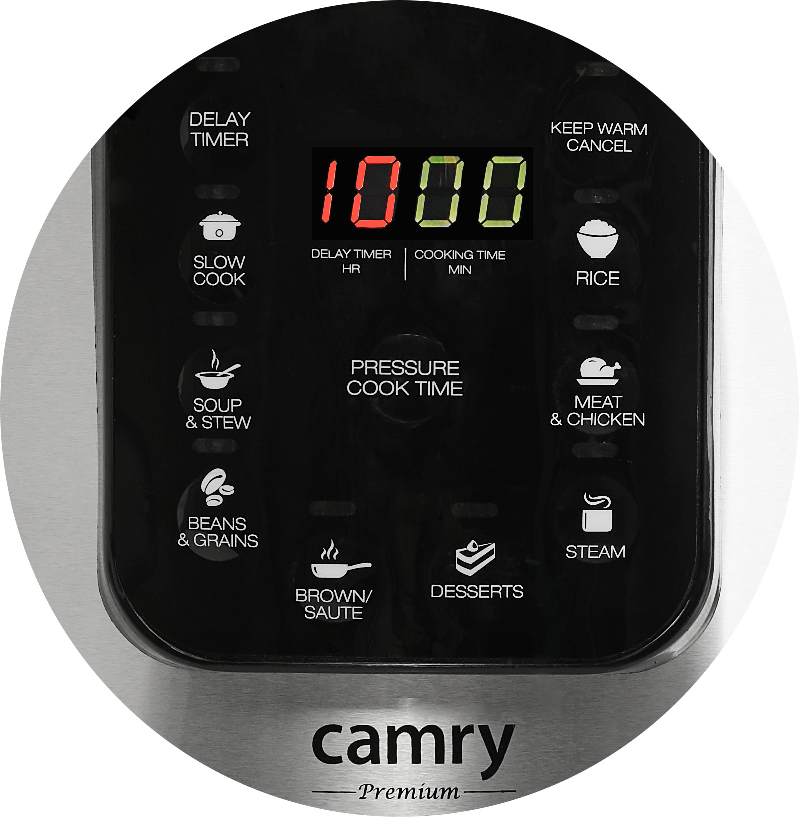 Primer plano de la pantalla digital de una olla a presión, mostrando el temporizador y funciones.