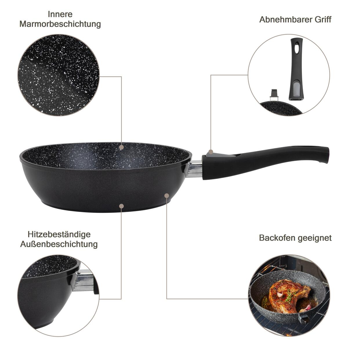 Schwarze Pfanne mit schwarzem Griff und abnehmbarem Griff. Details: Marmorbeschichtung, ofenfest.