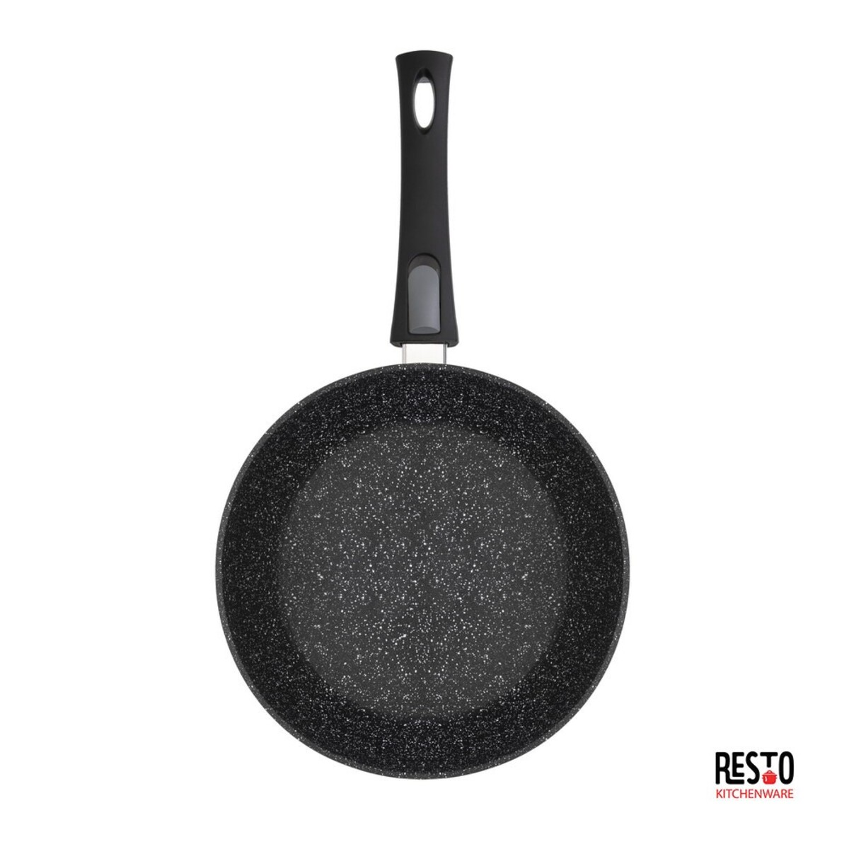 Schwarze Bratpfanne mit gesprenkelter Oberfläche, schwarzer Griff.
