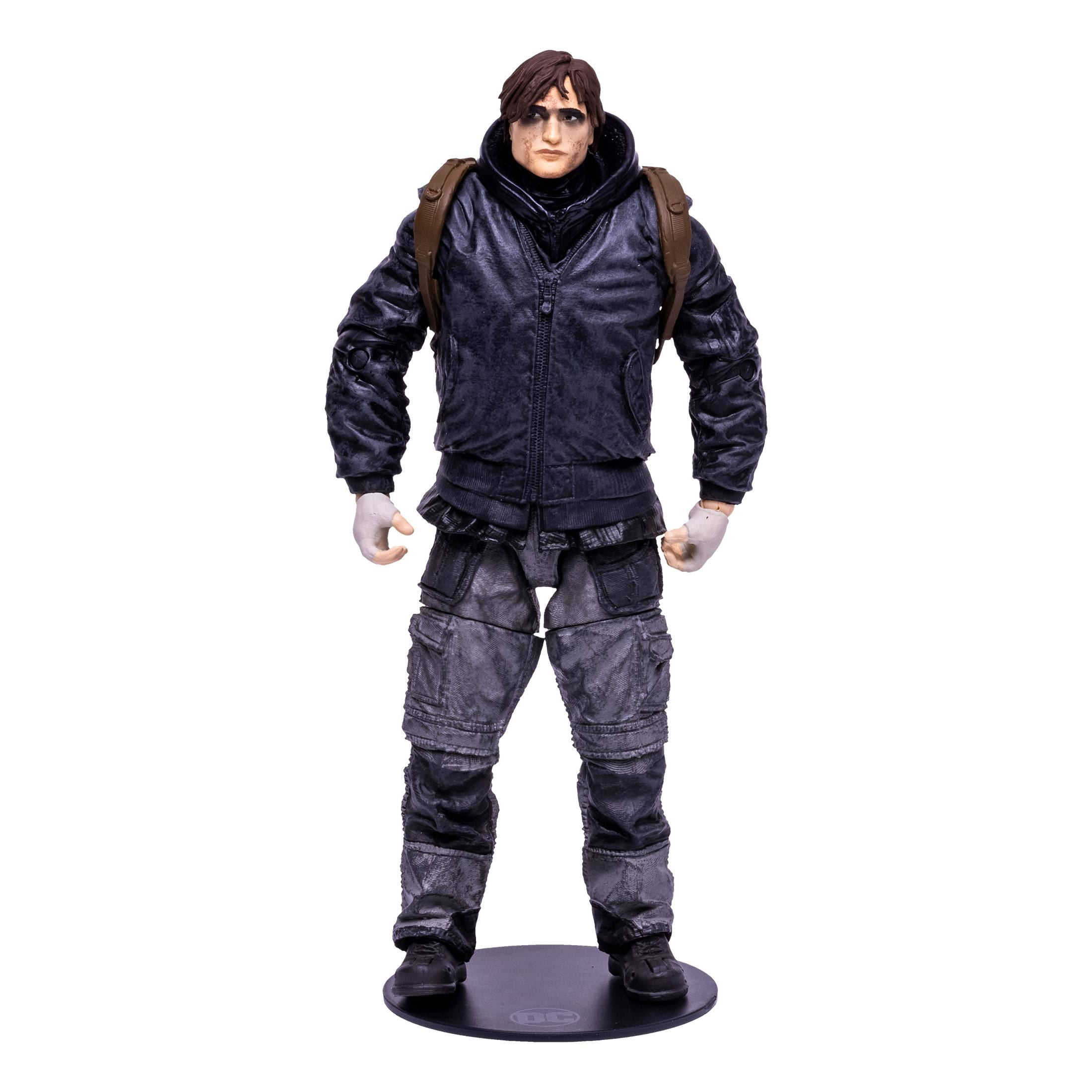 Actionfigur eines Mannes mit schwarzer Jacke und Cargohose. Schwarze Basis.