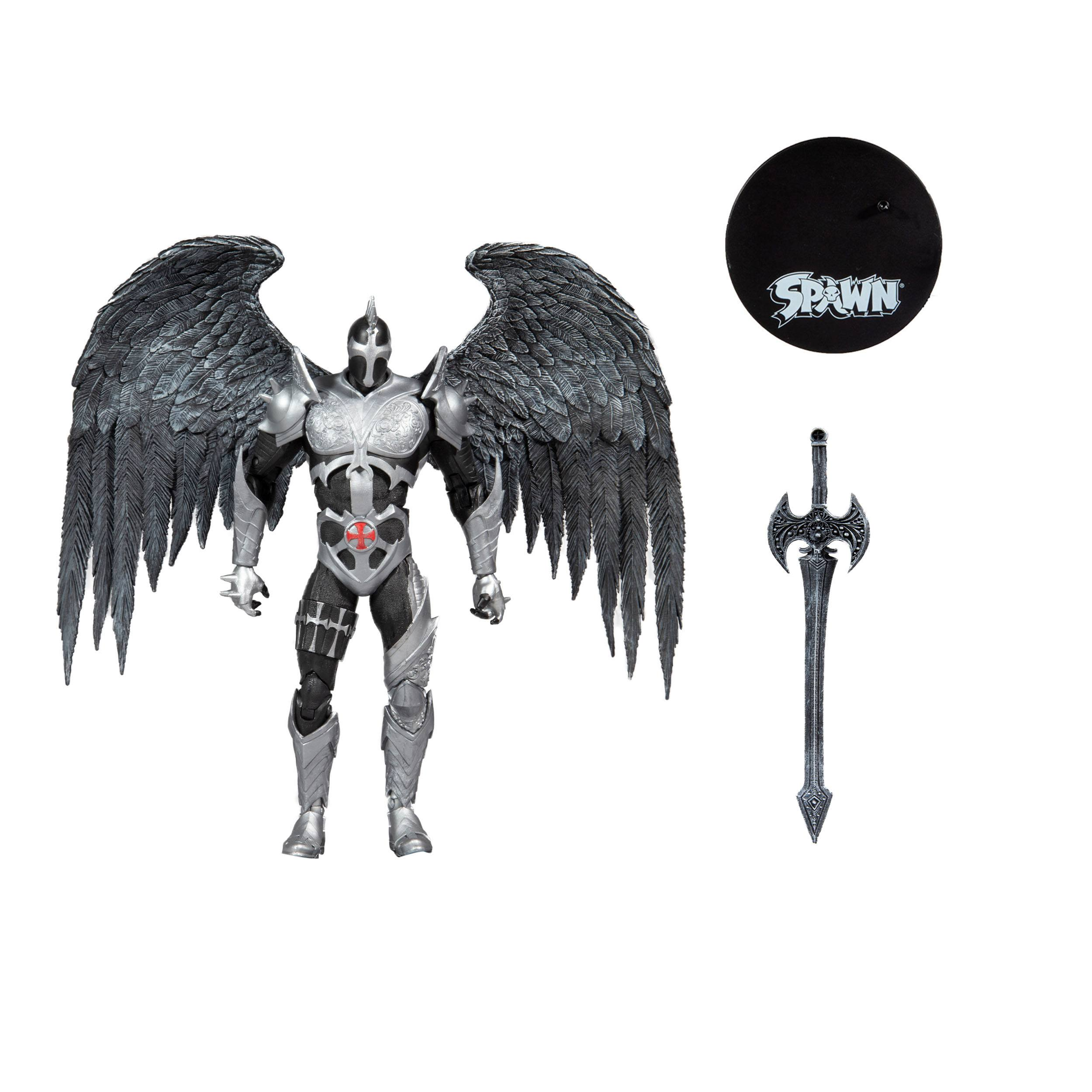 Spawn-Actionfigur mit Flügeln, Schwert und Sockel. Weißer Hintergrund. Figur in Silber-Schwarz-Rüstung.