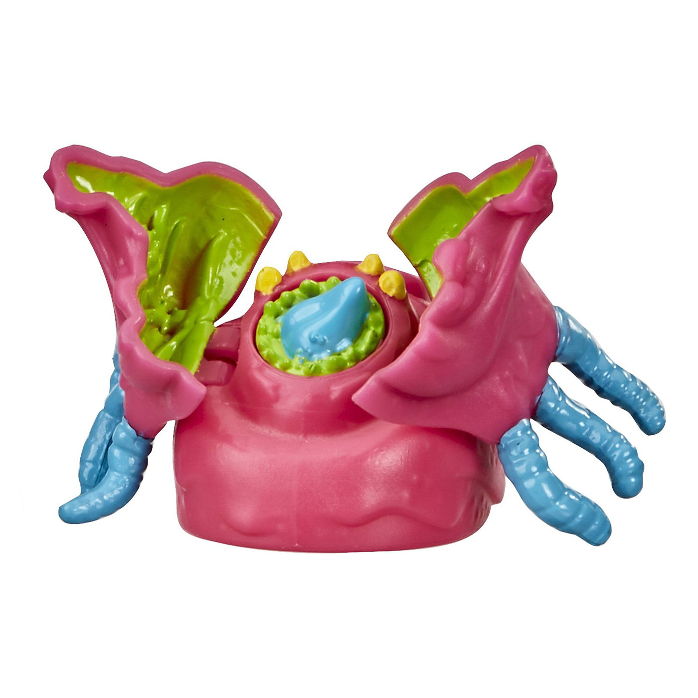 Rosa Spielzeugmonster mit mehreren Anhängen und offenem Mund mit blauem Innenraum.