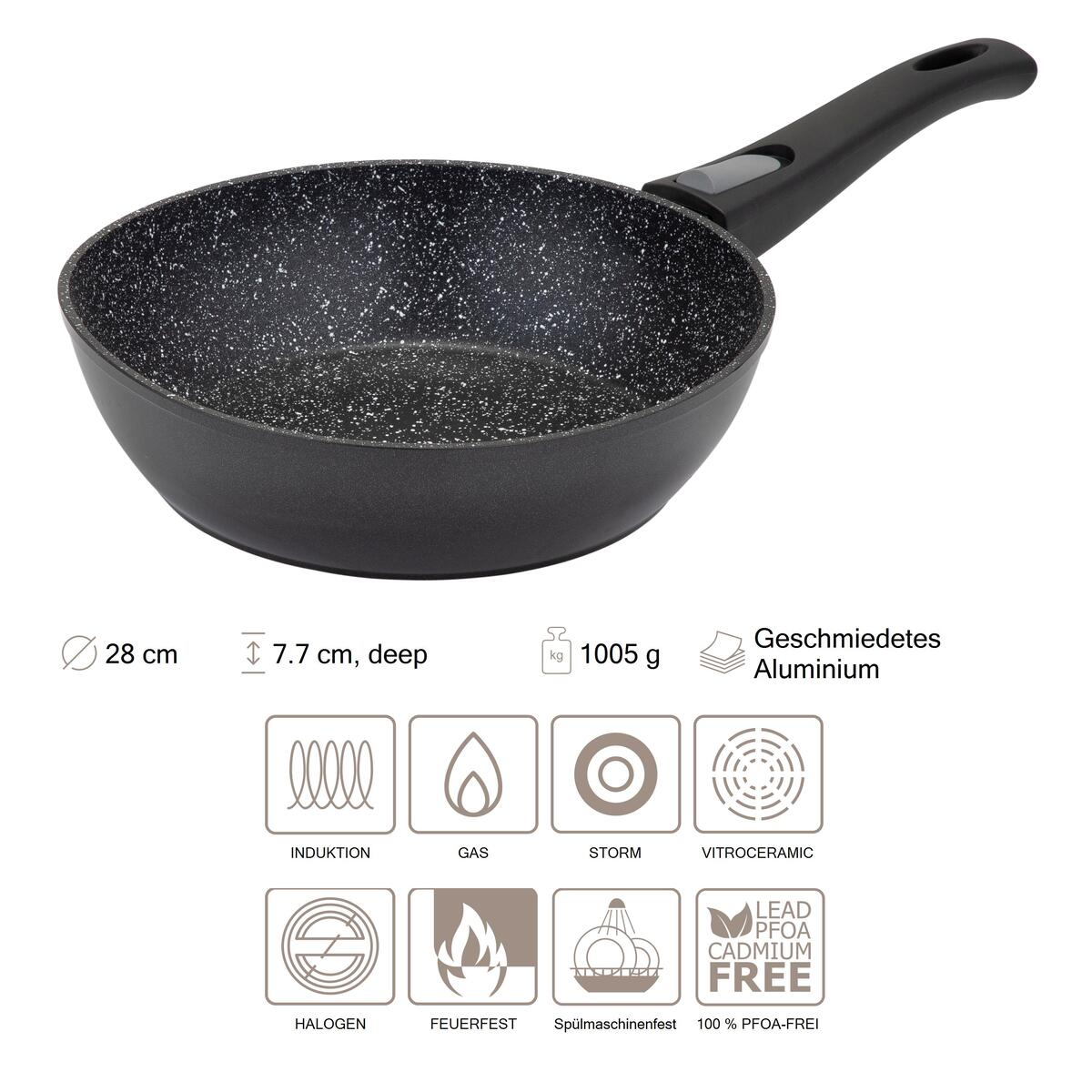 Une poêle noire avec des taches blanches, des informations sur le produit et des icônes sont présentes.
