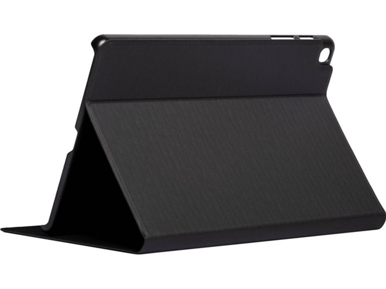 Funda negra para tablet, abierta y en ángulo. Exterior negro con un patrón texturizado.