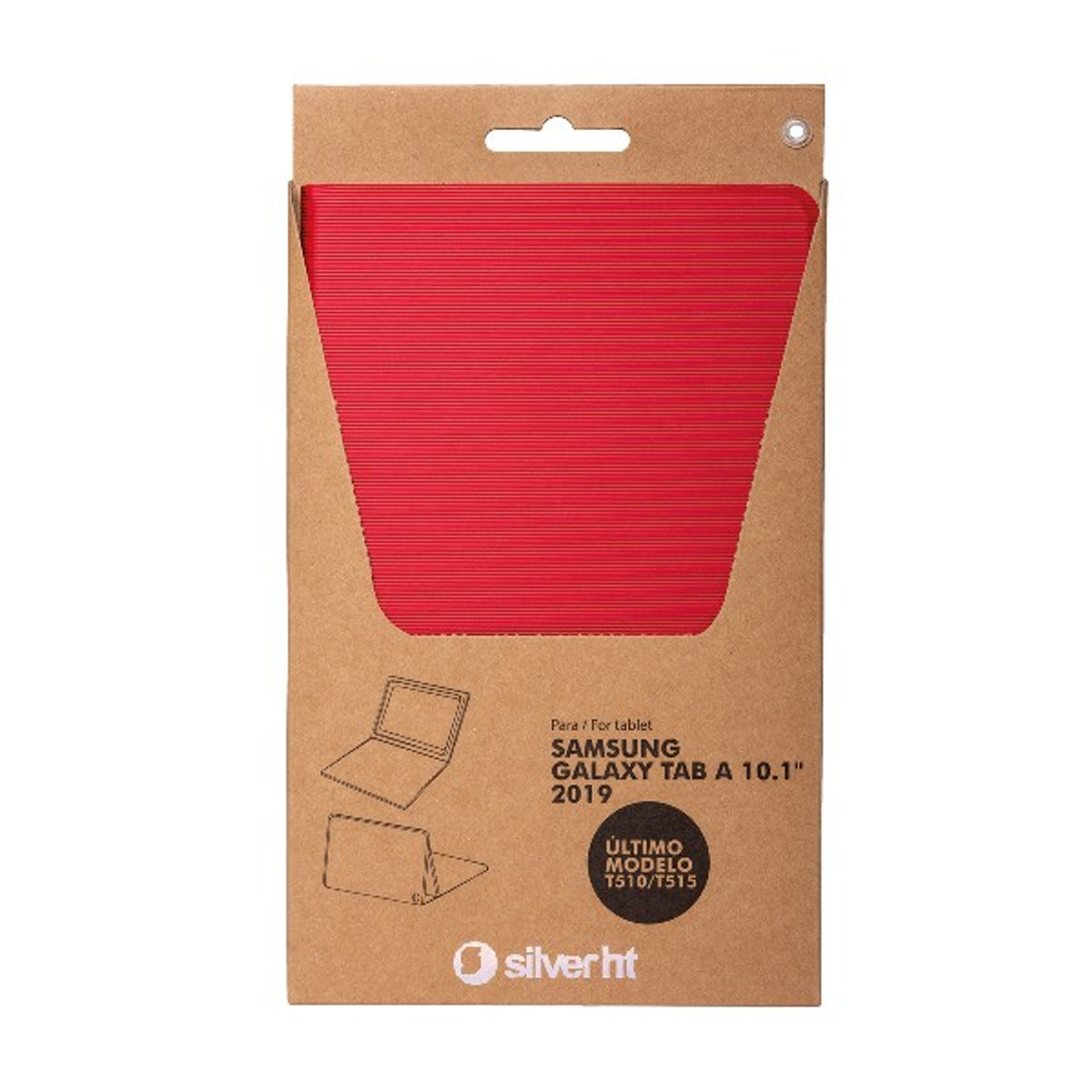 Funda roja para tableta en un paquete de cartón. Tiene un dibujo de una tableta y el logotipo de la marca.