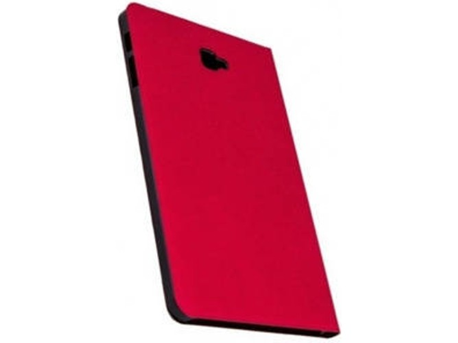 Funda roja para teléfono. Cubierta roja sobre un marco negro. Vista en ángulo, mostrando la parte trasera.