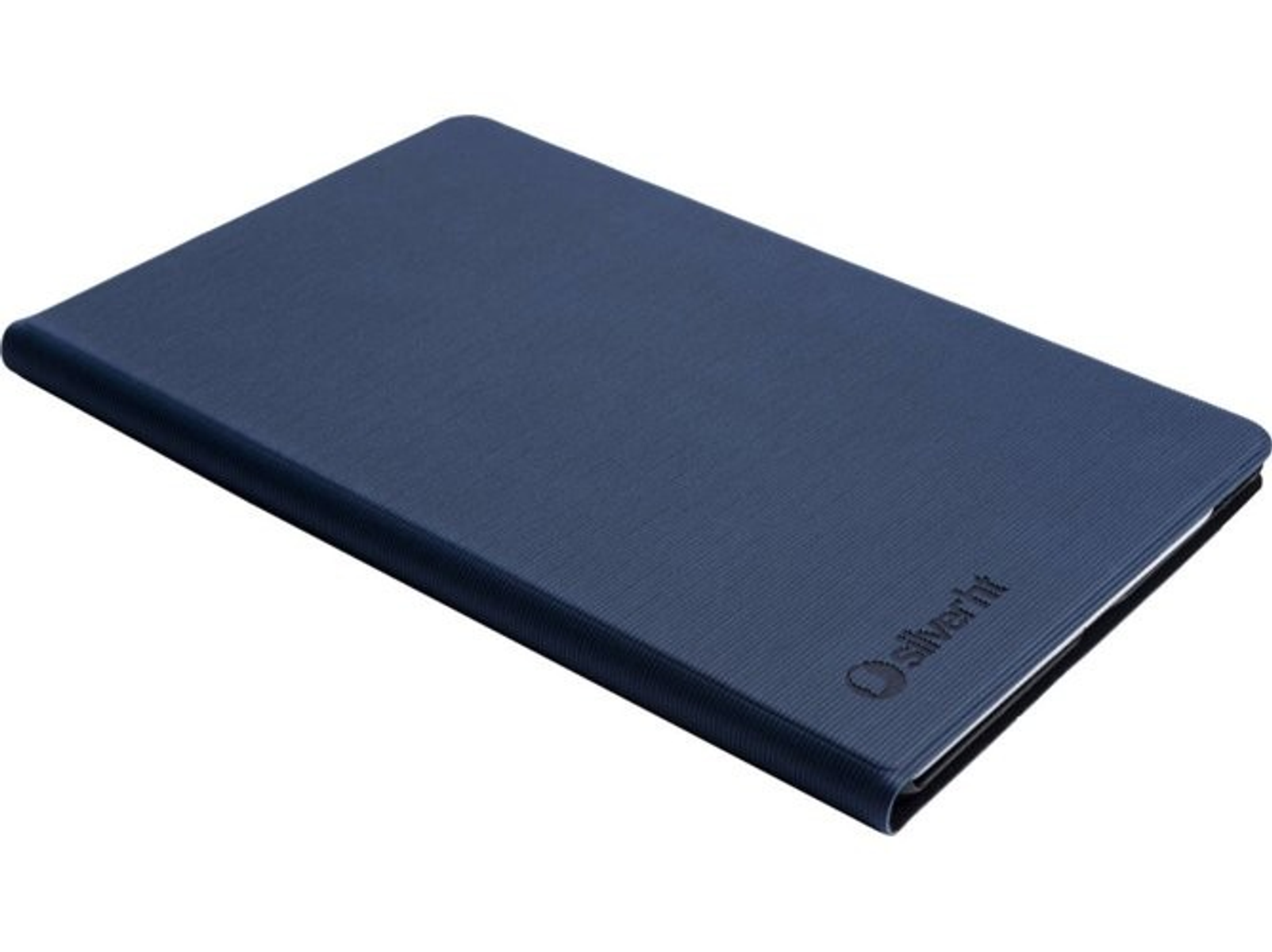 Funda azul para tableta con superficie texturizada. Logo Silverhi visible en la esquina inferior derecha.