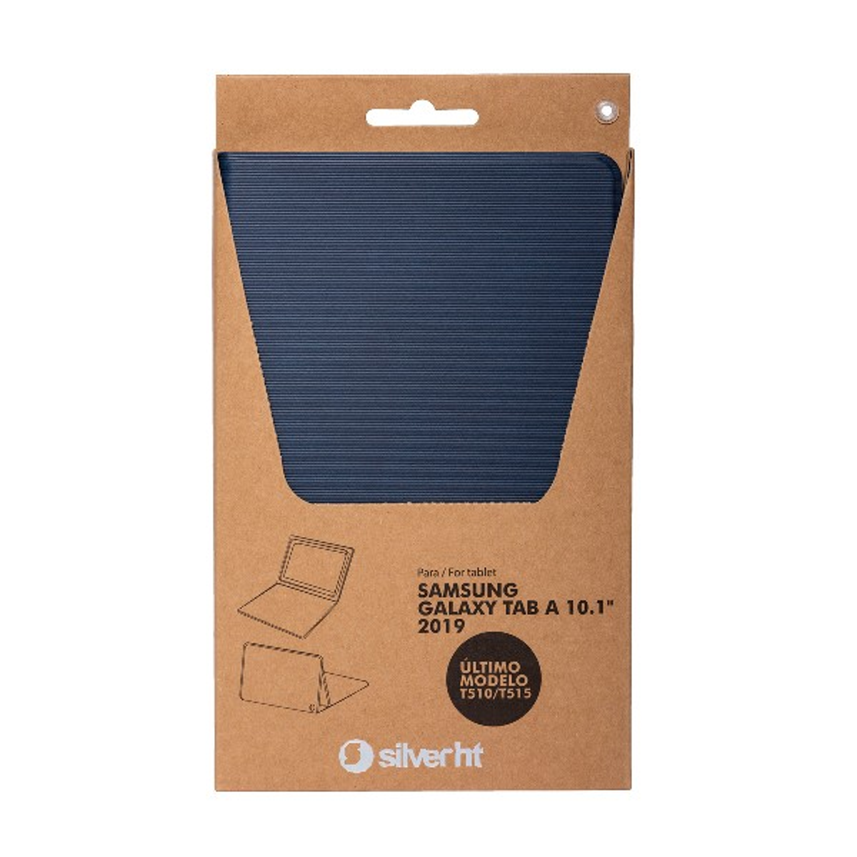 Funda para tablet en caja marrón, cubierta azul visible. Empaque muestra tablet y funda.