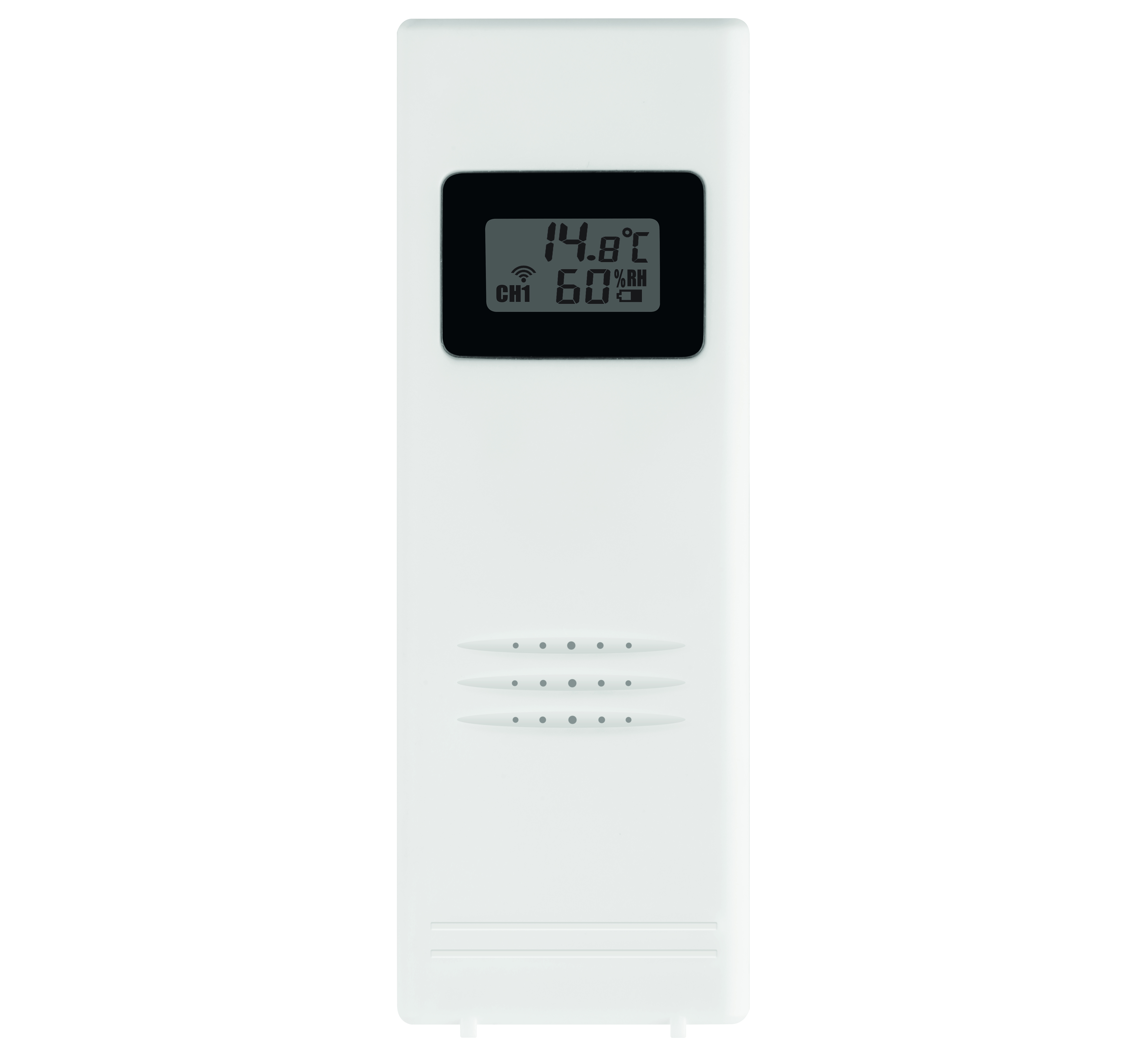 Weißes digitales Thermometer mit 14,8 Grad C und 60 % Luftfeuchtigkeit. Isoliert auf weißem Hintergrund.