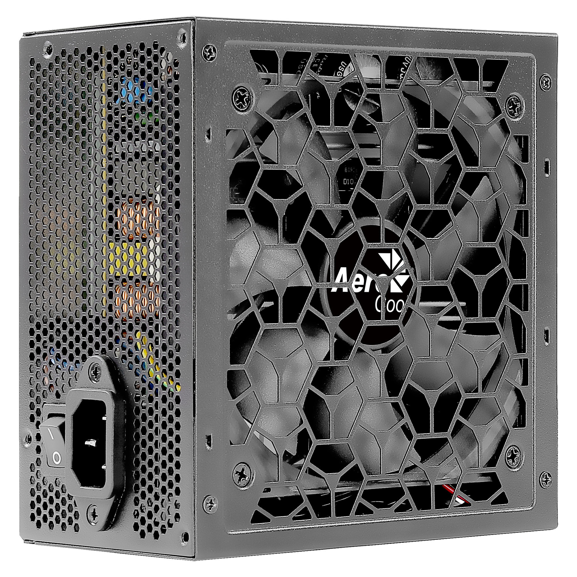 Alimentatore per computer nero. Ha una ventola e un design a nido d'ape per la ventilazione.