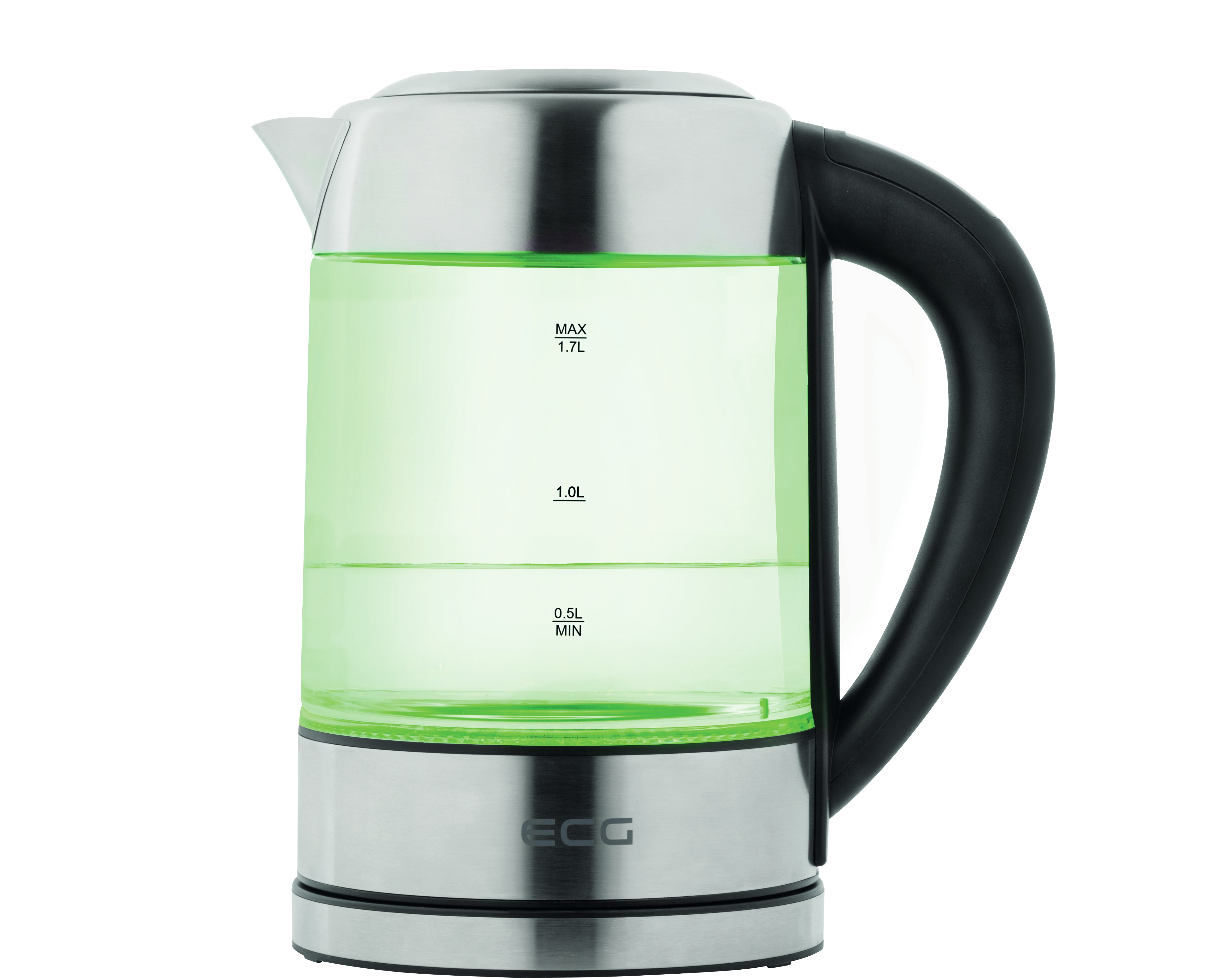 Czajnik elektryczny z zieloną wodą. Srebrny i czarny, na białym tle.