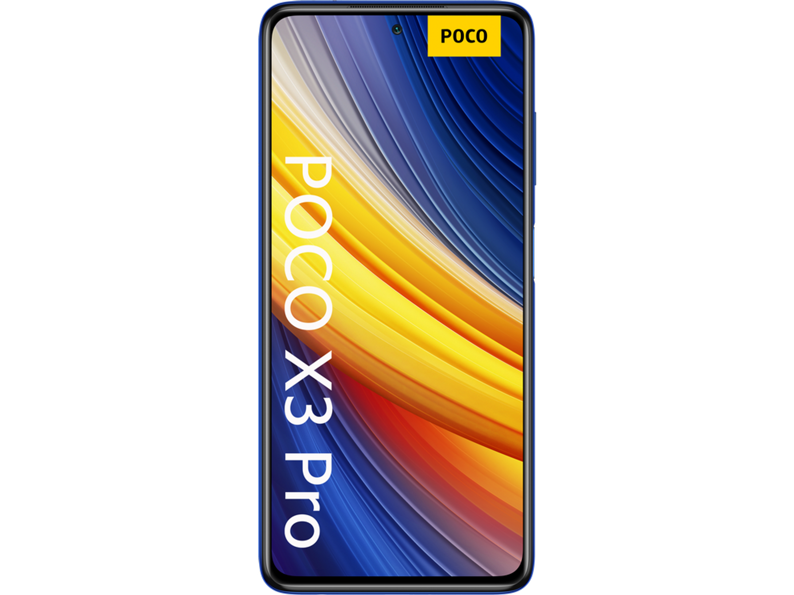 Zbliżenie telefonu POCO X3 Pro. Telefon jest niebieski z żółtymi i pomarańczowymi akcentami. Logo POCO znajduje się na górze.