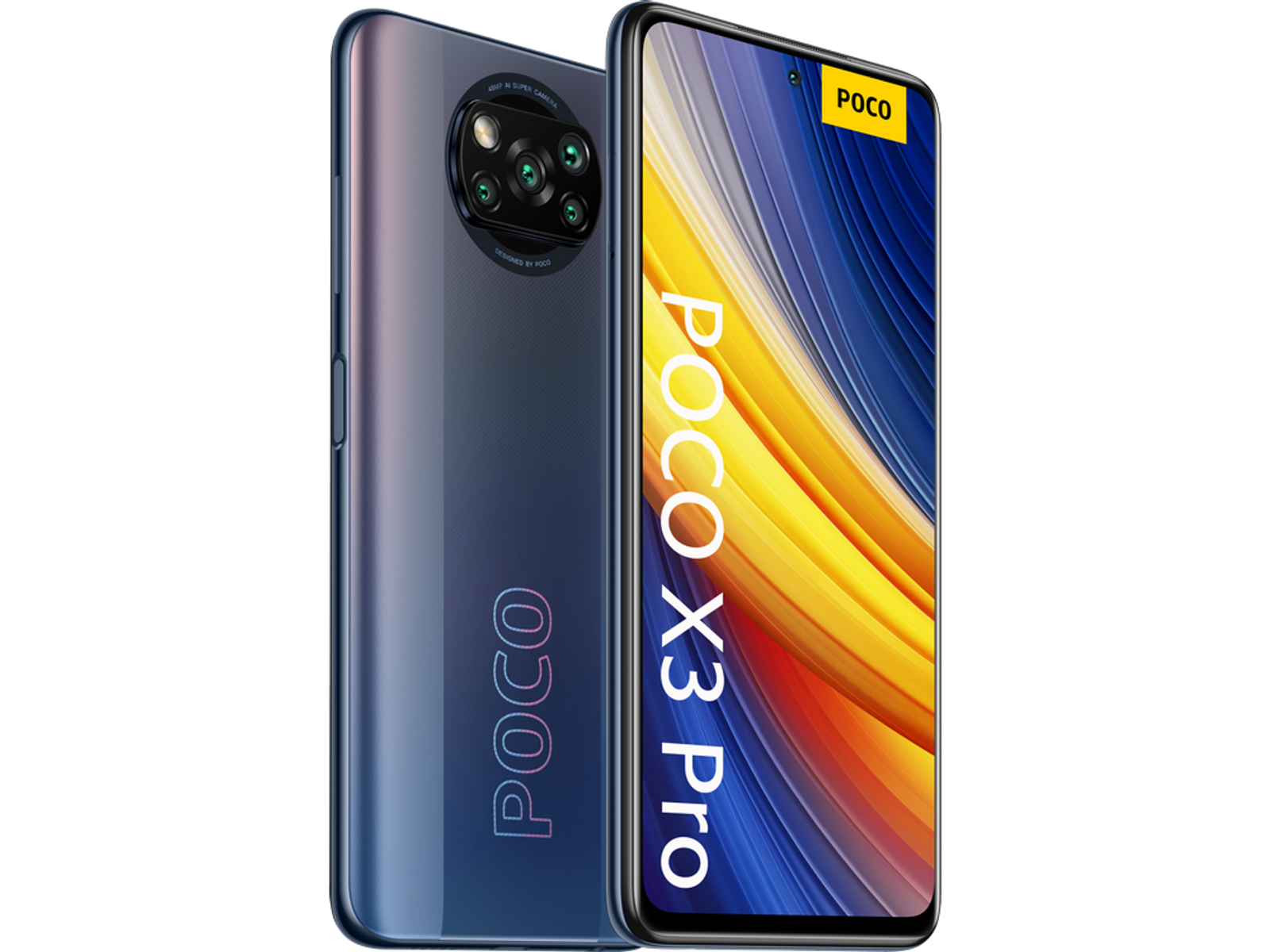 Niebieski i czarny smartfon Poco X3 Pro, z wypukłością aparatu i logo POCO z tyłu.