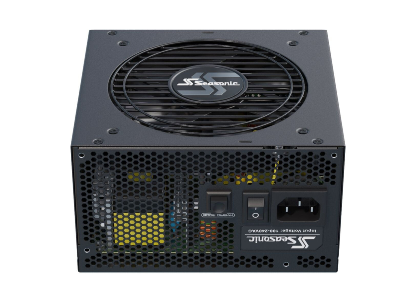 Alimentatore per computer nero con ventola e connettori. Logo Seasonic visibile.