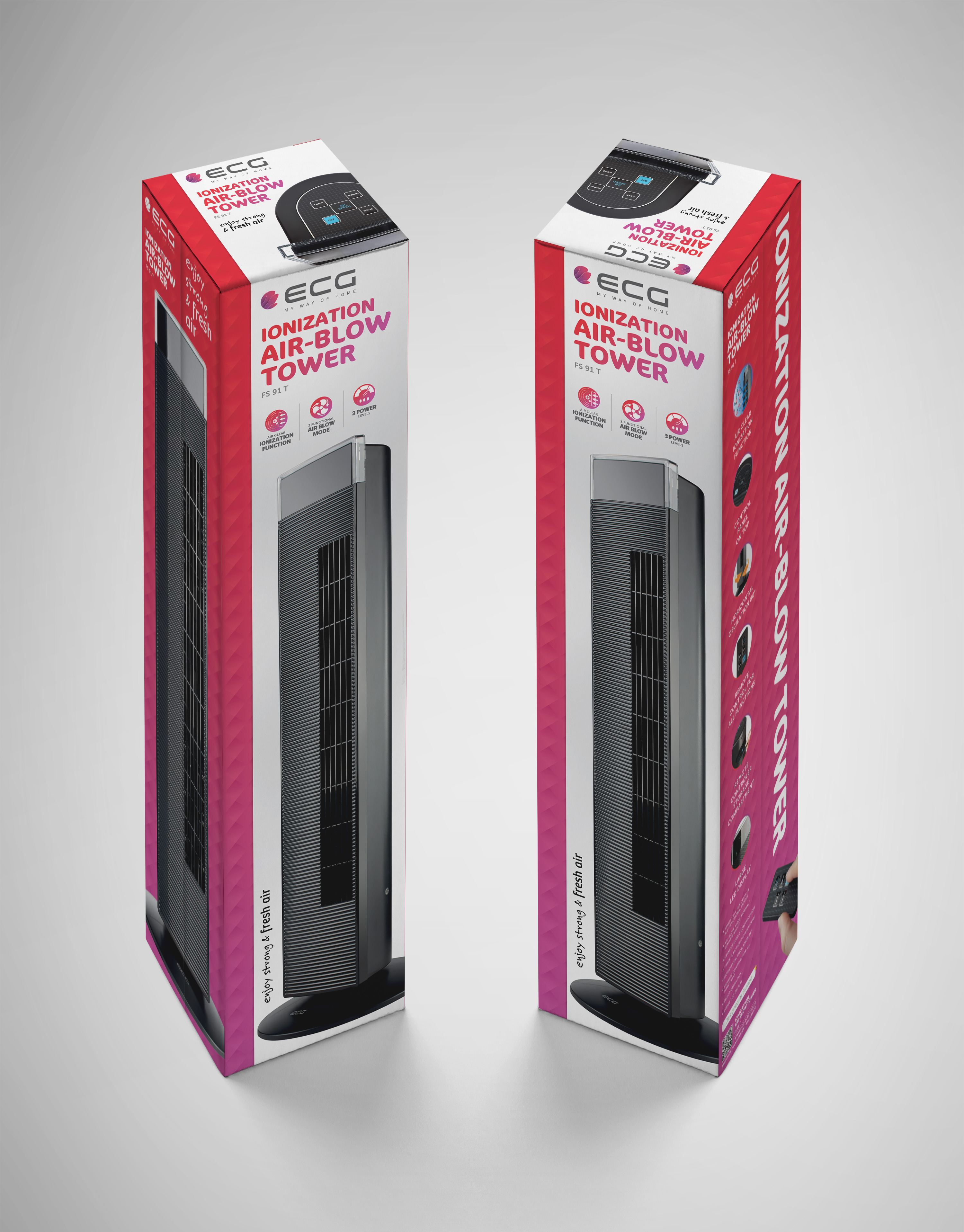 Dwa wentylatory skrzynkowe z tekstem wieży jonizacji powietrza. Różowe i białe pudełka.