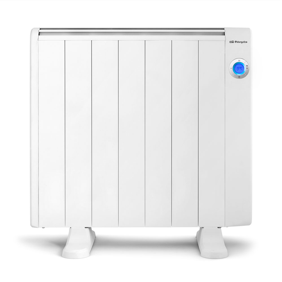 Biały grzejnik elektryczny z cyfrowym wyświetlaczem. Termostat znajduje się po prawej stronie.