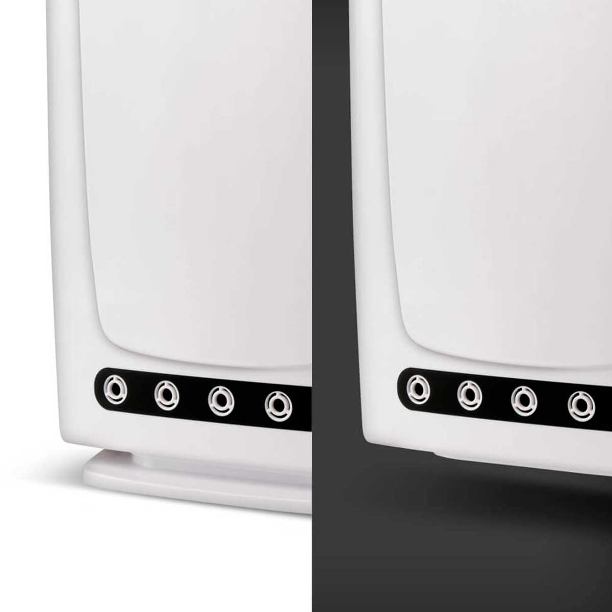 Dos partes blancas de electrodomésticos con detalles circulares sobre un fondo blanco y negro.