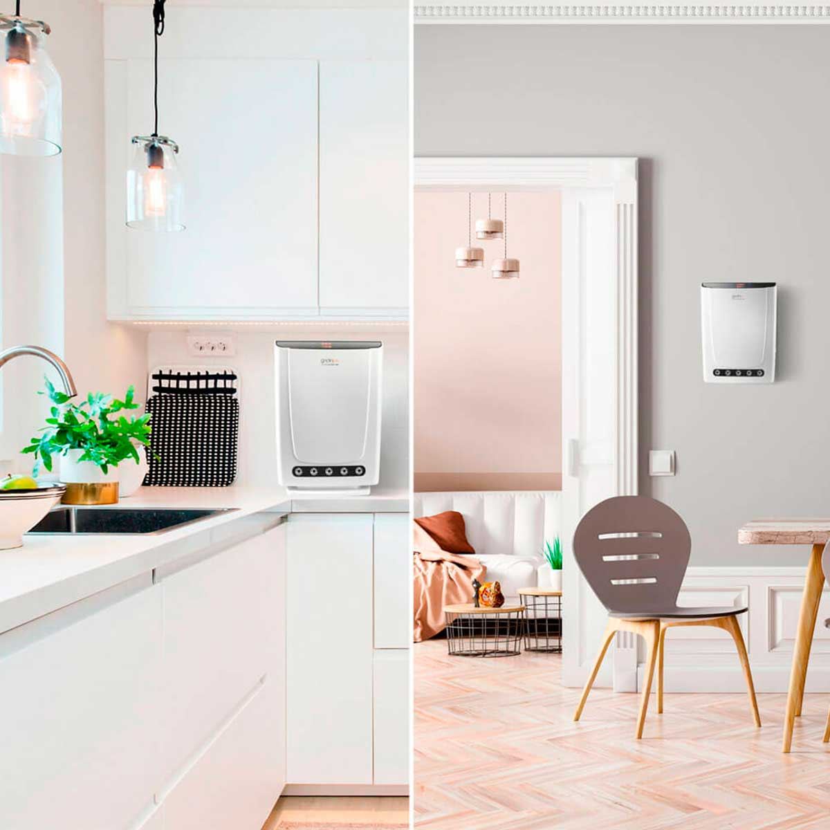 Dos imágenes: una cocina con un purificador de aire en la encimera y un salón con una unidad de pared.