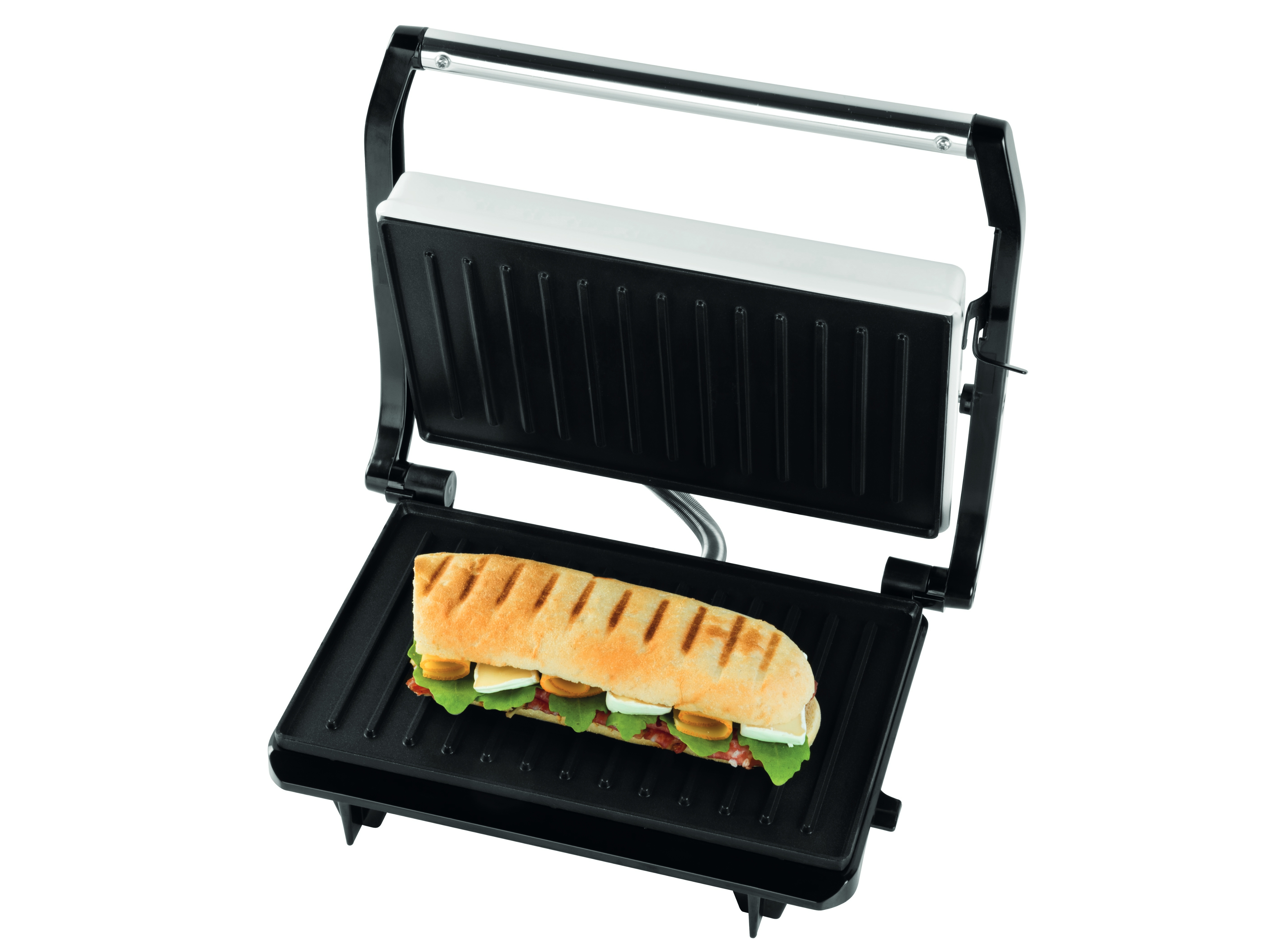 Ein Sandwich in einer Panini-Presse, mit einer weißen Presse und schwarzer Kochfläche.