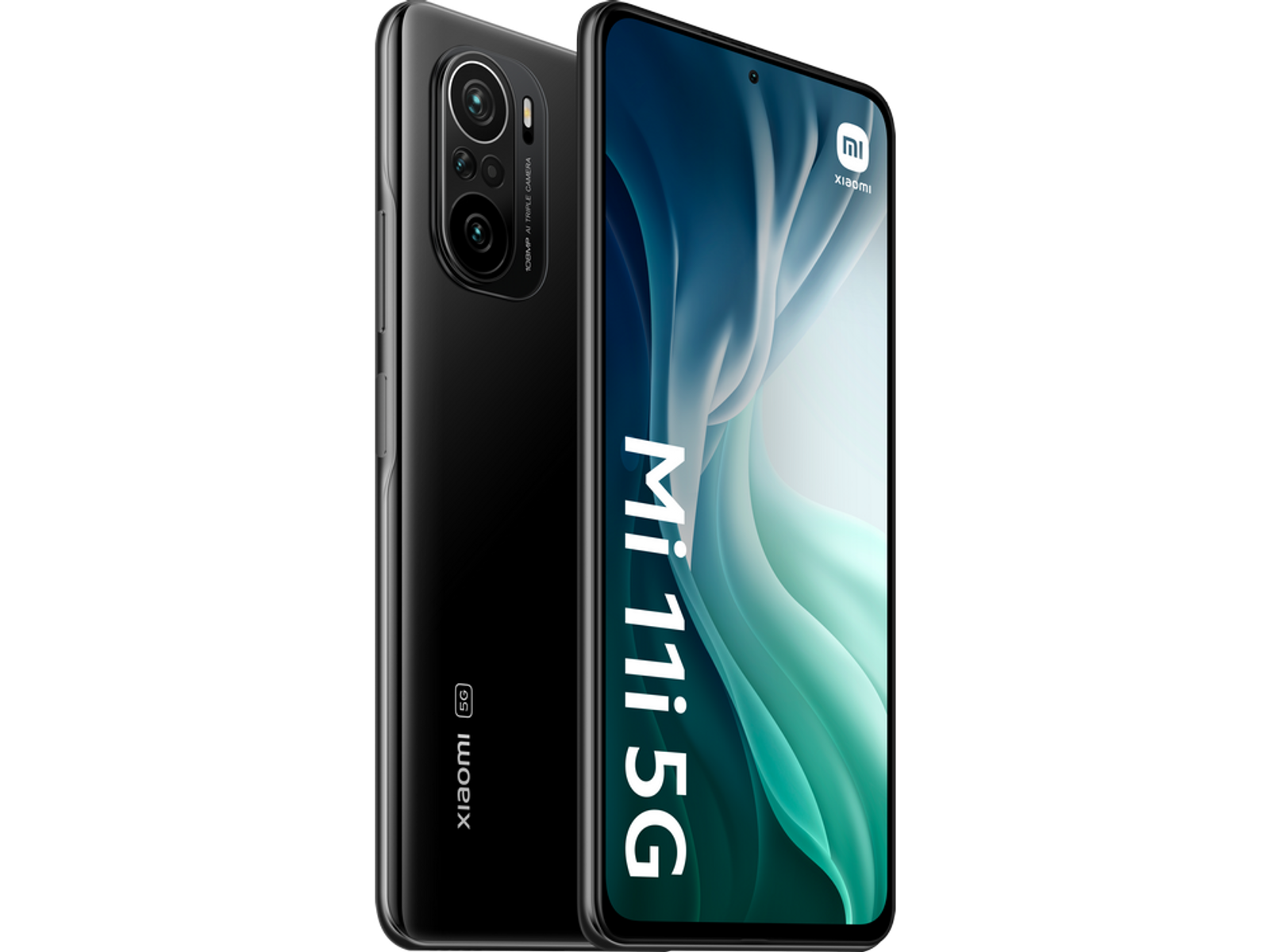 Dwa czarne telefony Xiaomi Mi 11 5G. Jeden pokazuje ekran z nazwą, drugi to widok z tyłu.